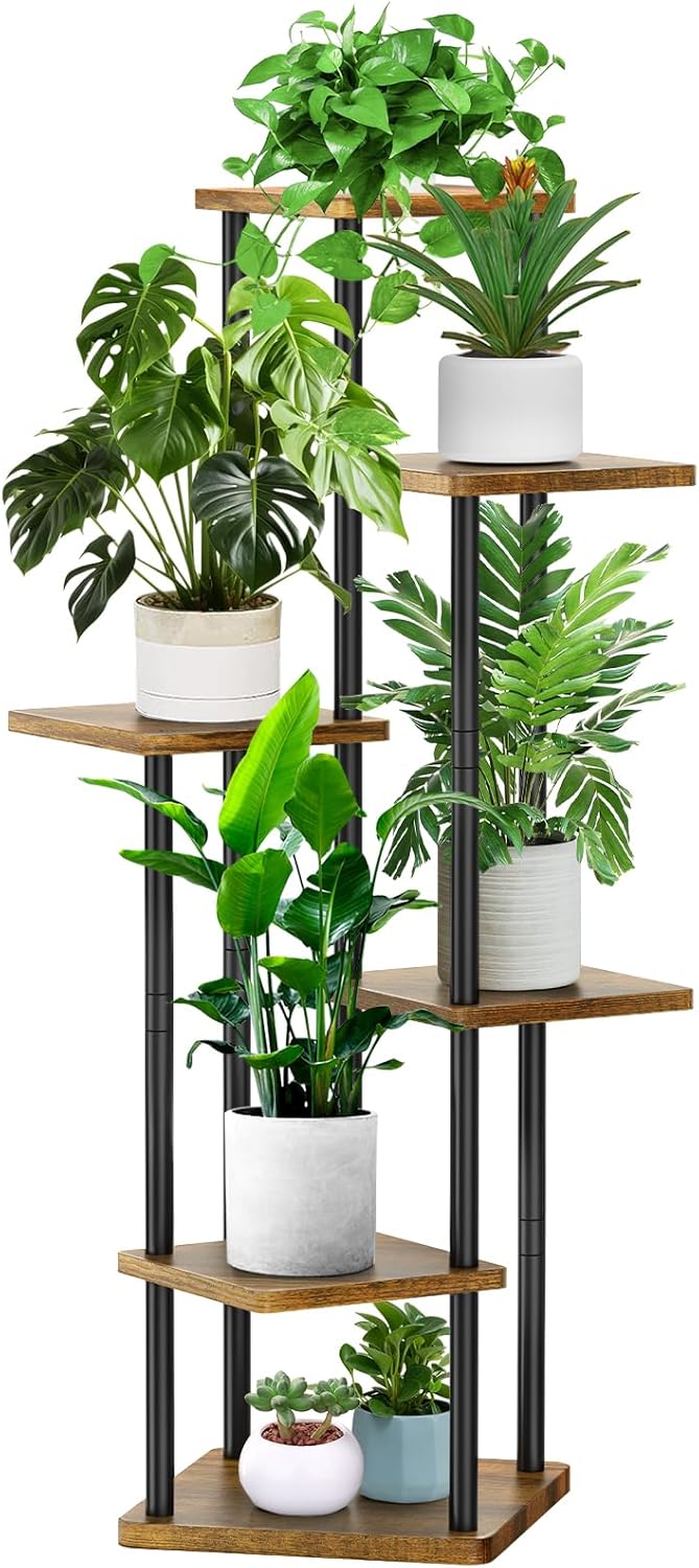 6 Tier Wood Tall Plant Stand Metal Rack Indoor, Multiple Flower Pot Holder Shelves Corner Rack, Planter Shelf Display Rack Storage Organizer for Patio Living Room Balcony Garden(Black)