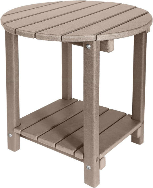 Adirondack Round Outdoor Side Table 2-Tier Storage Patio Side Table, HDPE End Tables for Backyard Pool Porch Garden Lawn (Teak)