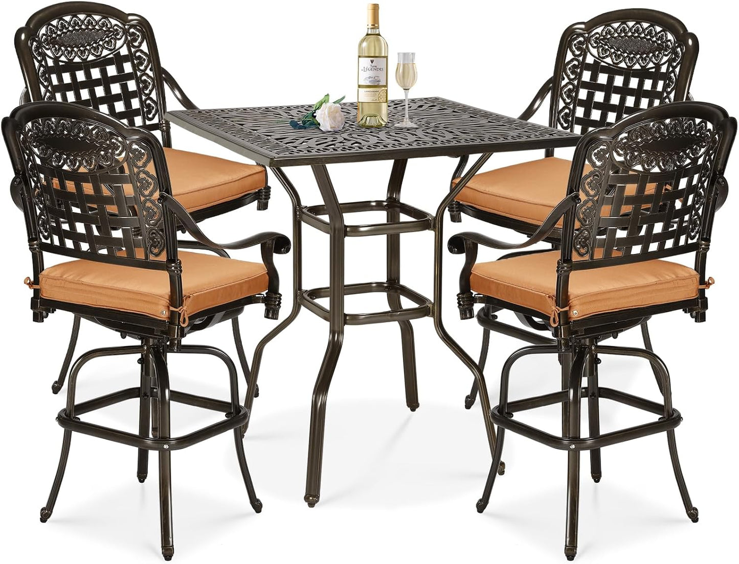 5 Pieces Patio Swivel Bar Set, Patio Bar Table and Chairs Set, All-Weather Cast Aluminum Outdoor Swivel Bar Stools of 4 and 35.4" Square Bar Table, High Top Bistro Set for Deck, Pool, Garden