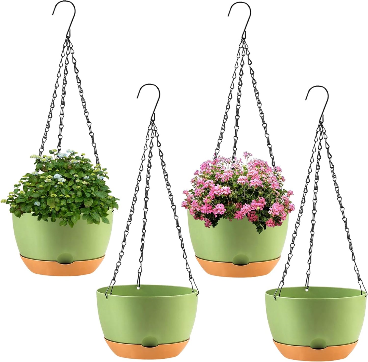 4 Pack Plastic Hanging planters for Indoor Plants,8 Inch Plant Pot Indoor Outdoor Hanging Baskets,Hanging Flower Pots with Drainage Holes and Chain for Garden Porch Plants (Green)