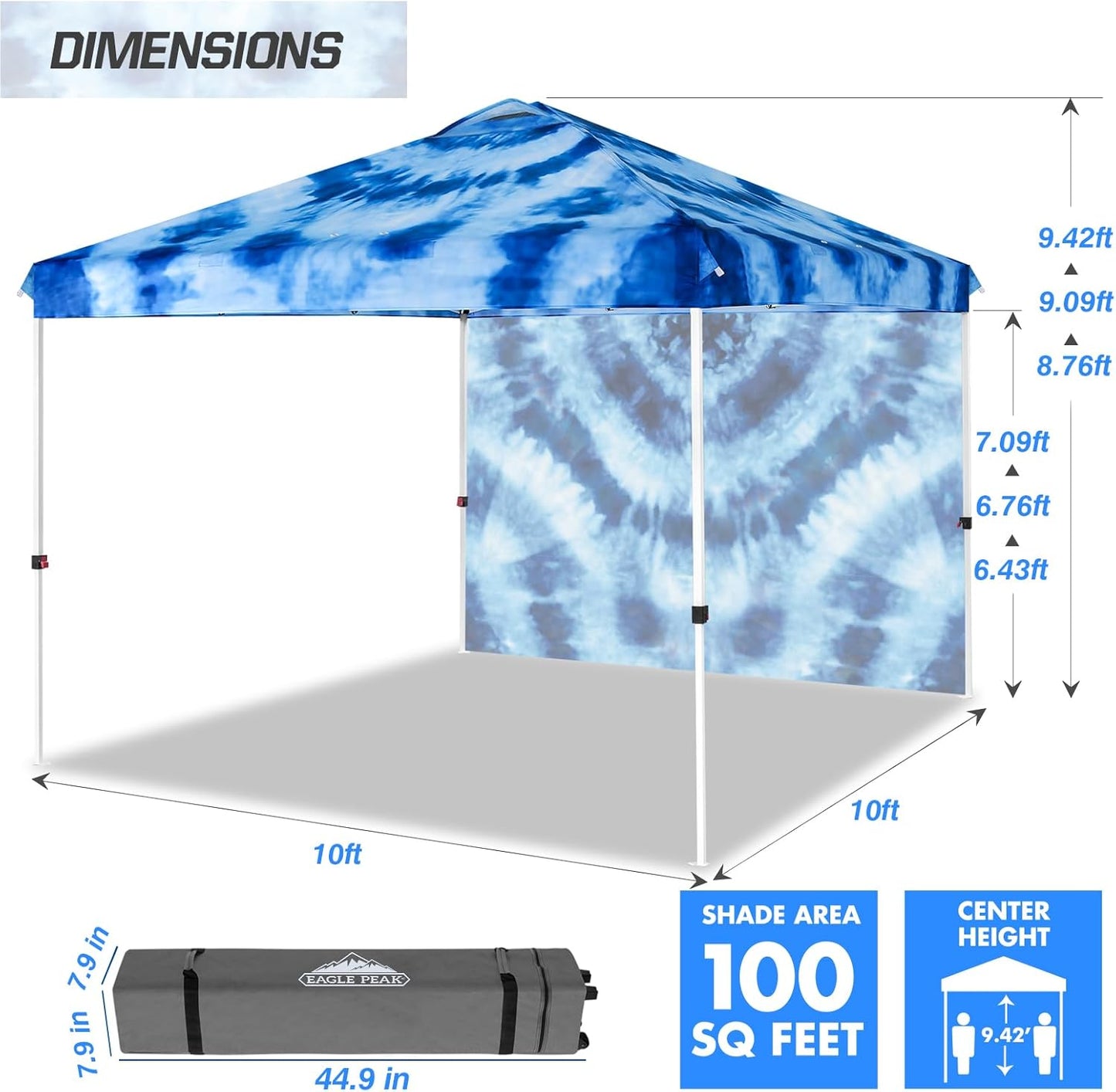 EAGLE PEAK Pop Up Canopy Tent with 1 Sidewall, Easy Setup Event Tent, Outdoor Sun Shade, Wheeled Carry Bag, Stakes and Guy Ropes, Instant Canopy 10x10, Tie Dye Blue