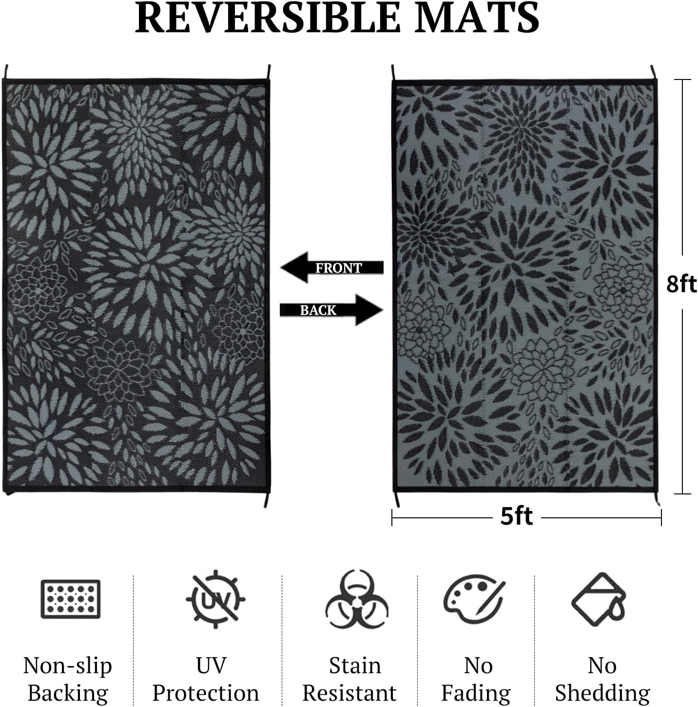 5'x8' Reversible Outdoor Rug - Eco-Friendly Plastic Straw Rug-Heavy-Duty Waterproof Mat, UV & Fade Resistant for Patio, Camping, RV, Deck, Balcony(5x8,Black&Floral)