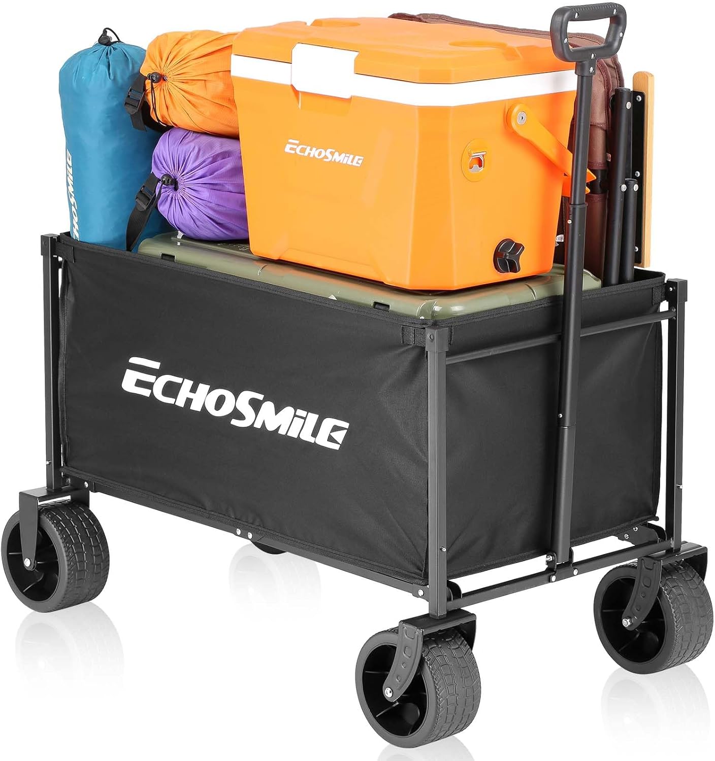EchoSmile Collapsible Folding Wagon Cart with All-Terrain Wide Wheels, Heavy Duty Garden Cart with 350lbs Capacity,Portable Lightweight Rolling Wagon Cart for Camping Beach Sports Shopping,Black