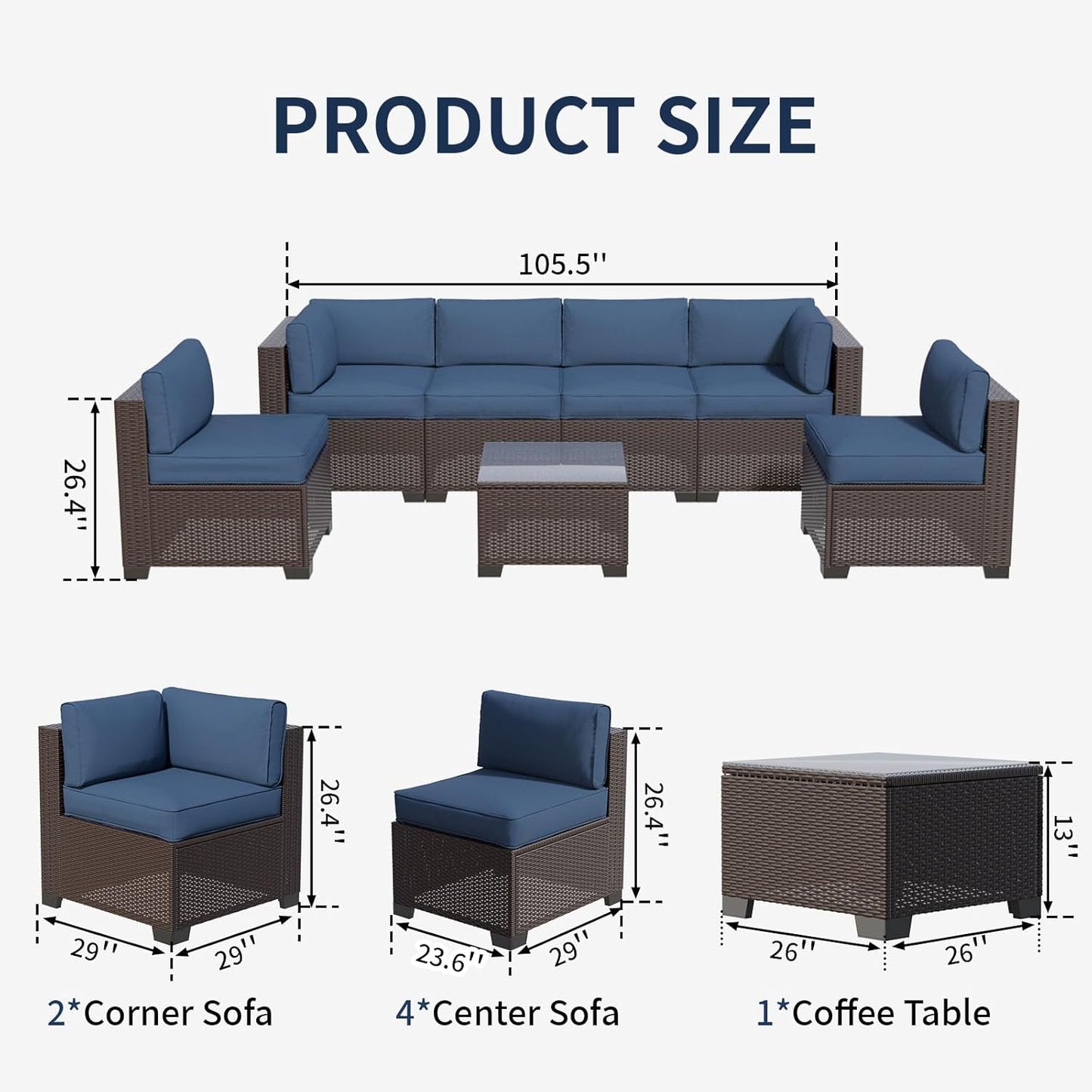 7 Pieces Outdoor Patio Furniture Set, Rattan Sectional Sofa, Conversation Set with Waterproof Cushion and Coffee Table, for Deck, Backyard, Garden (Navy Blue, 7-Piece)