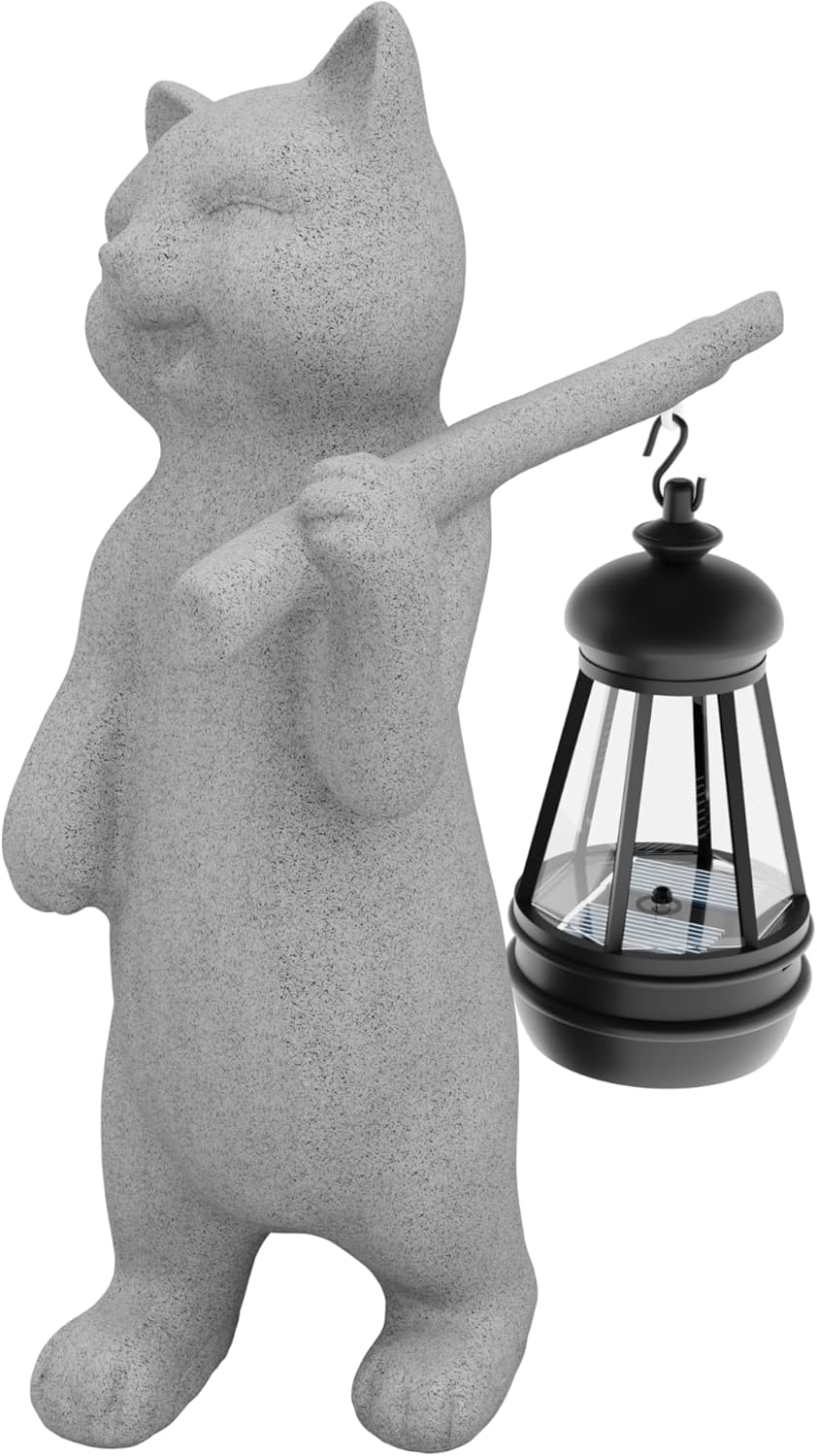 Garden Decoration, Figurine, Lawn Statue, Sculpture Ornament, Animal Figurine - Cat Resin Statue with Lantern (Walking01)