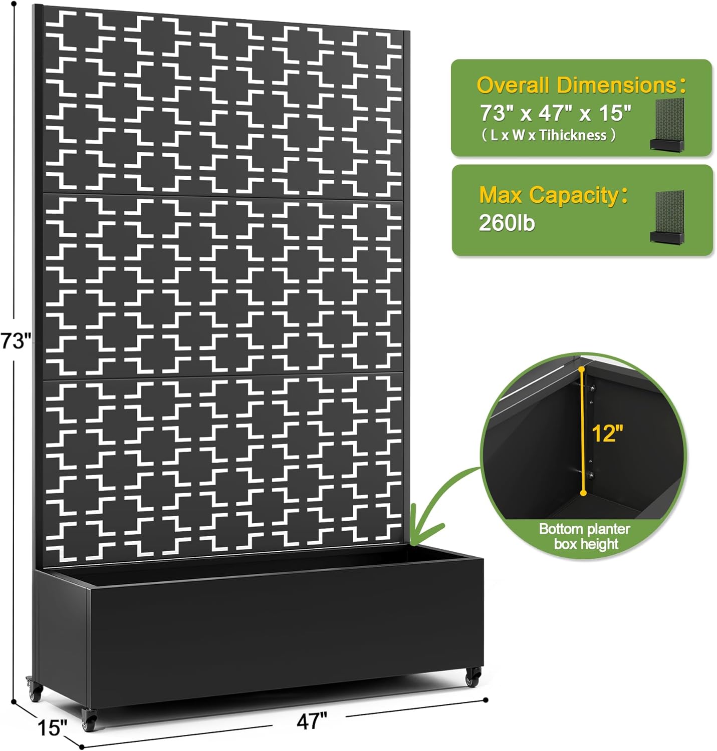 FENCY Metal Raised Garden Bed with Wheels and Trellis,73"x47"x16" Planter Box for Climbing Plants, Vegetables & Vines, Features Privacy Screen and Drainage Holes (Black-Square)