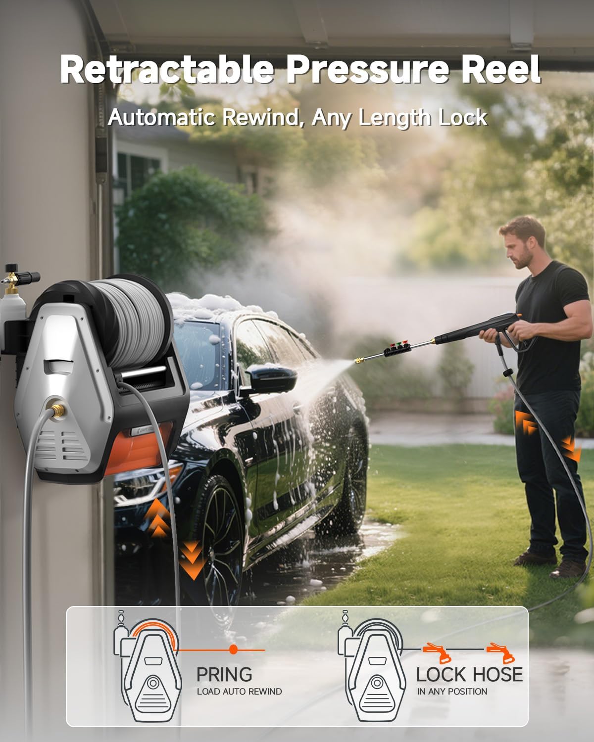 Giraffe Tools Wall Mounted Pressure Washer PRO with Upgraded 1800W Brushless Motor, Max 3700PSI Electric Power Washer with 100ft Detachable Hose for Car/Patios, Automatic Rewind, Any Length Lock