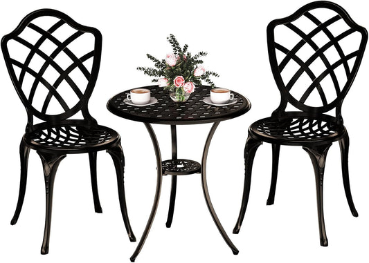 3 Piece Patio Bistro Set, Outdoor Bistro Table and Chairs Set of 2 w/Umbrella Hole, Rust-Resistant Cast Aluminum Bistro Set for Garden/Balcony/Backyard, Bronze