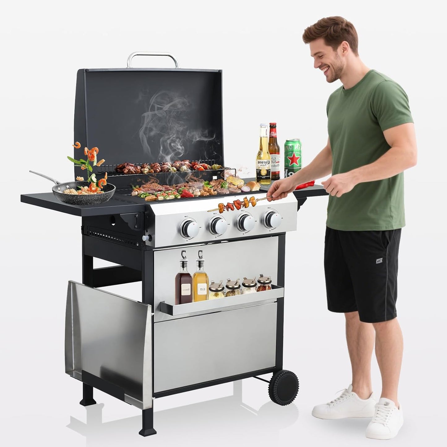 4-Burner Propane Gas BBQ Grill with Porcelain-Enameled Cast Iron Grates, Baking Sheet, 2 Foldable Side Table, 49,200 BTU Stainless Steel Grill for Outdoor Camping Barbecue Grilling Backyard Cooking