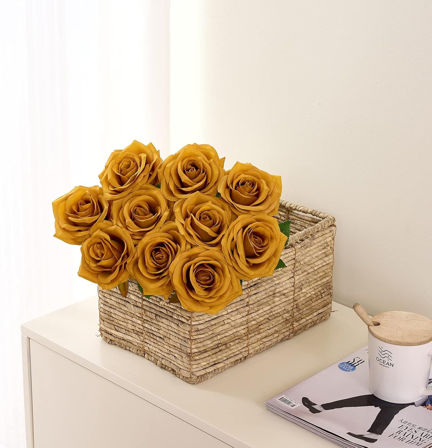 Artificial Rose 10pcs Open Flower Bouquet Faux Rose Stems for Wedding Arrangement, Bridal Bouquet, Centerpiece, Fake Faux Silk Flowers (Mustard Yellow)