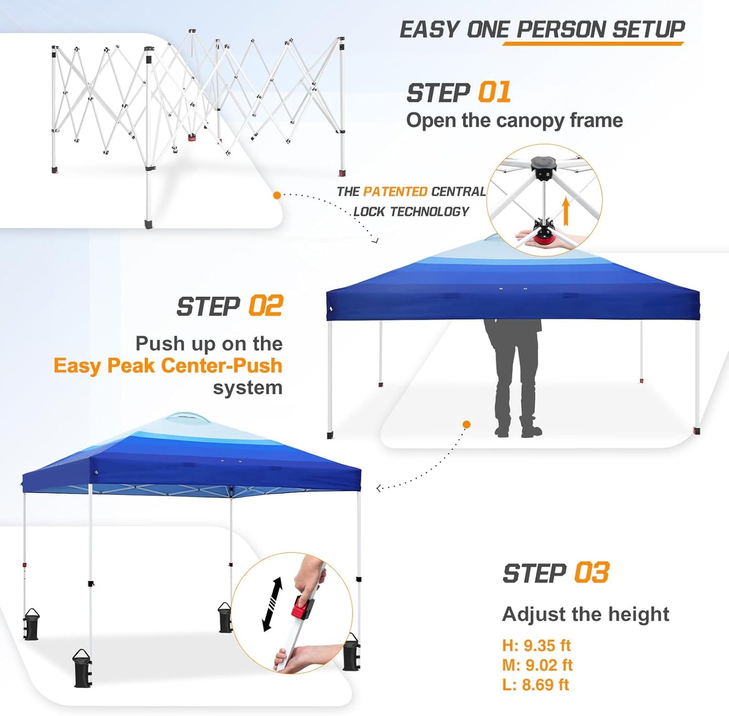 EAGLE PEAK Pop Up Canopy Tent with Wheeled Carry Bag, 8 Stakes, 4 Ropes, 4 Weight Bags, Easy Set Up Tent Canopy, 10x10 ft, 100sqft of Shade, Blue Fade Stripe
