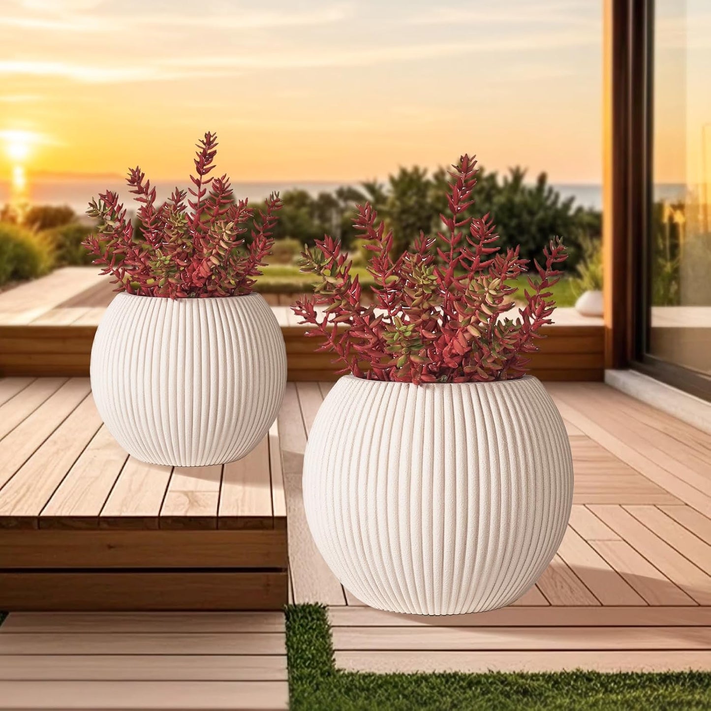16 Inch Handmade Outdoor Planter - Classic Striped Design | Fiberglass & Composite Material | Durable for Commercial & Home Decor