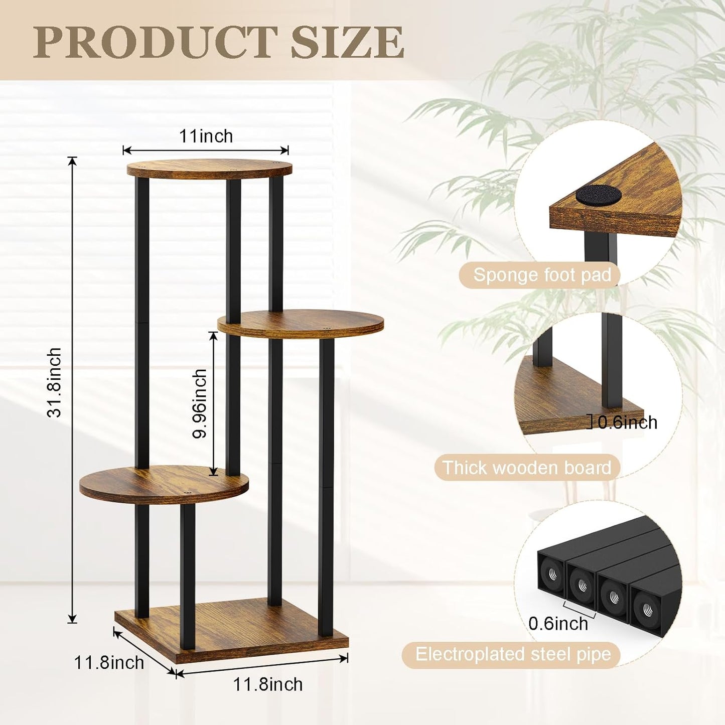 4 Tier Plant Stand Indoor, Metal Wooden Tall Plant Shelf Flower Pot Stand for Multiple Plants, Corner Flower Holder Plant Display Rack for Living Room Balcony Patio Garden (Rustic Brown)