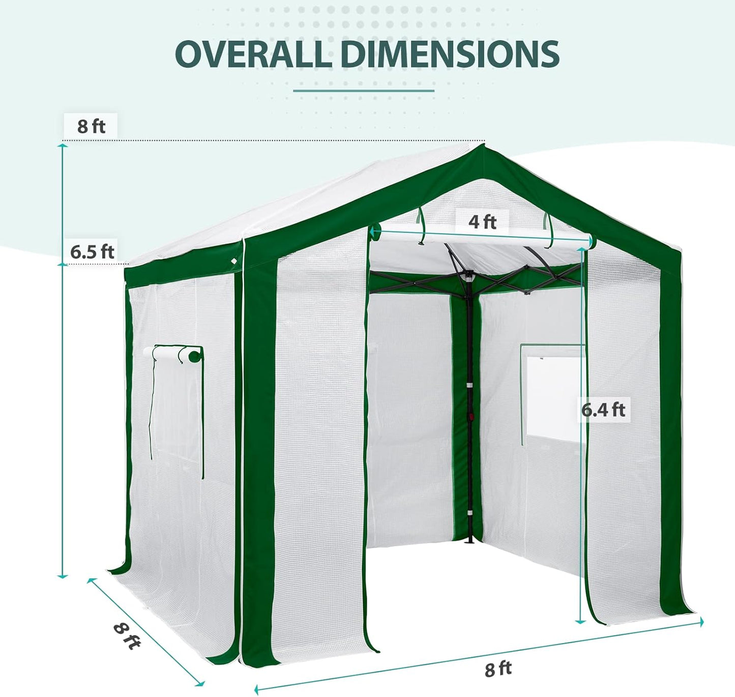 EAGLE PEAK 8x8 Portable Walk in Greenhouse with Polyester Reinforced Corners, Heavy Duty Instant Pop Up Indoor Outdoor Green House, Front Roll Up Zipper Entry Door and Mesh Windows, Green/White