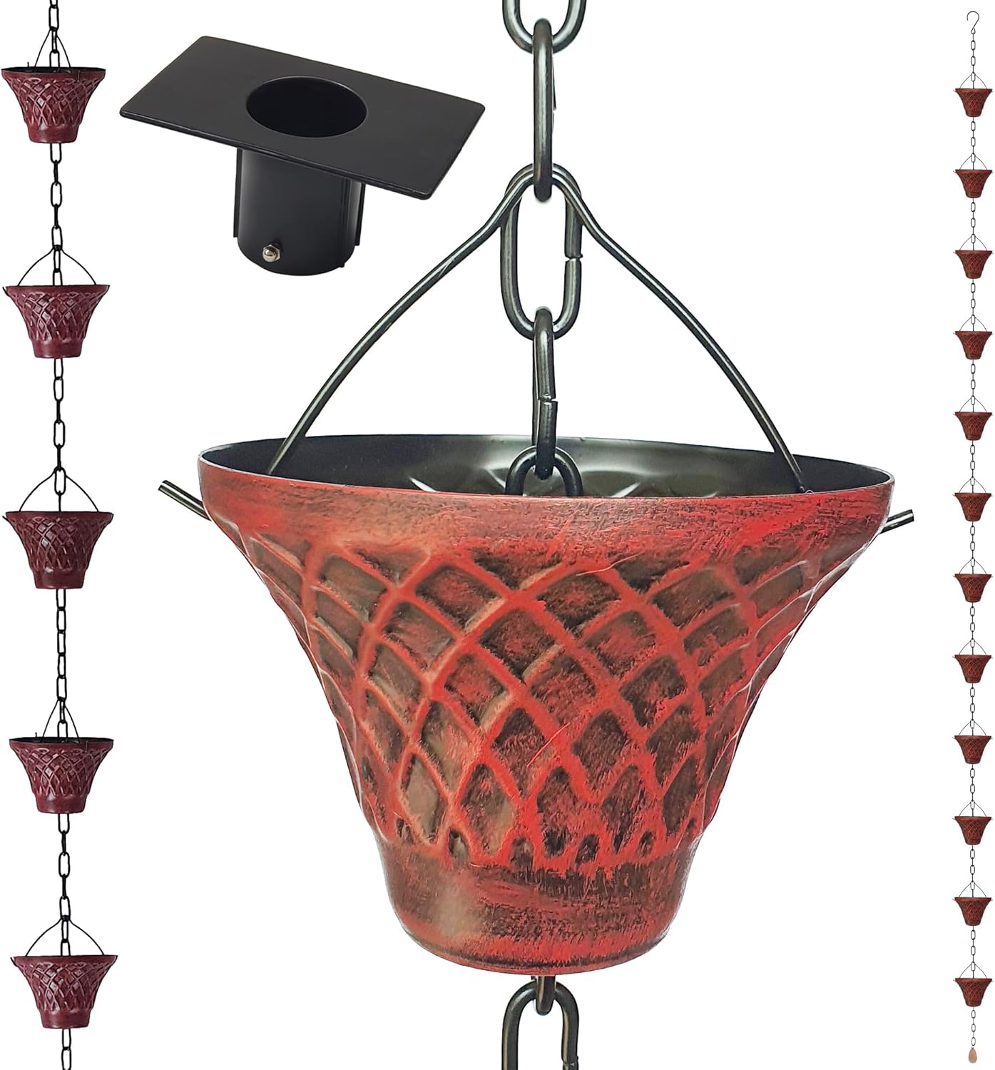 8.5FT Bell Iron Rain Chains for Gutter and Rain Barrel, Rust-Resistant Plated Garden Décor for Downspout, Bonus Rain Chain Gutter Adapter (Antique-Red)