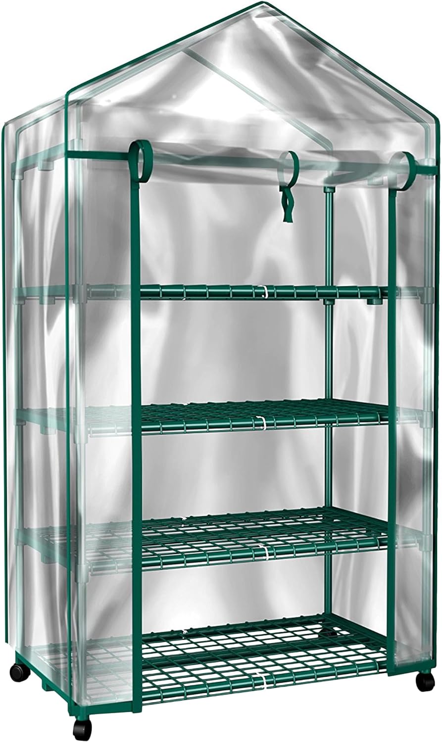 4 Tier Mini Greenhouse - Portable Greenhouse with Locking Wheels and PVC Cover for Indoor or Outdoor - 27 x 19 x 63-Inch Green House by Home-Complete