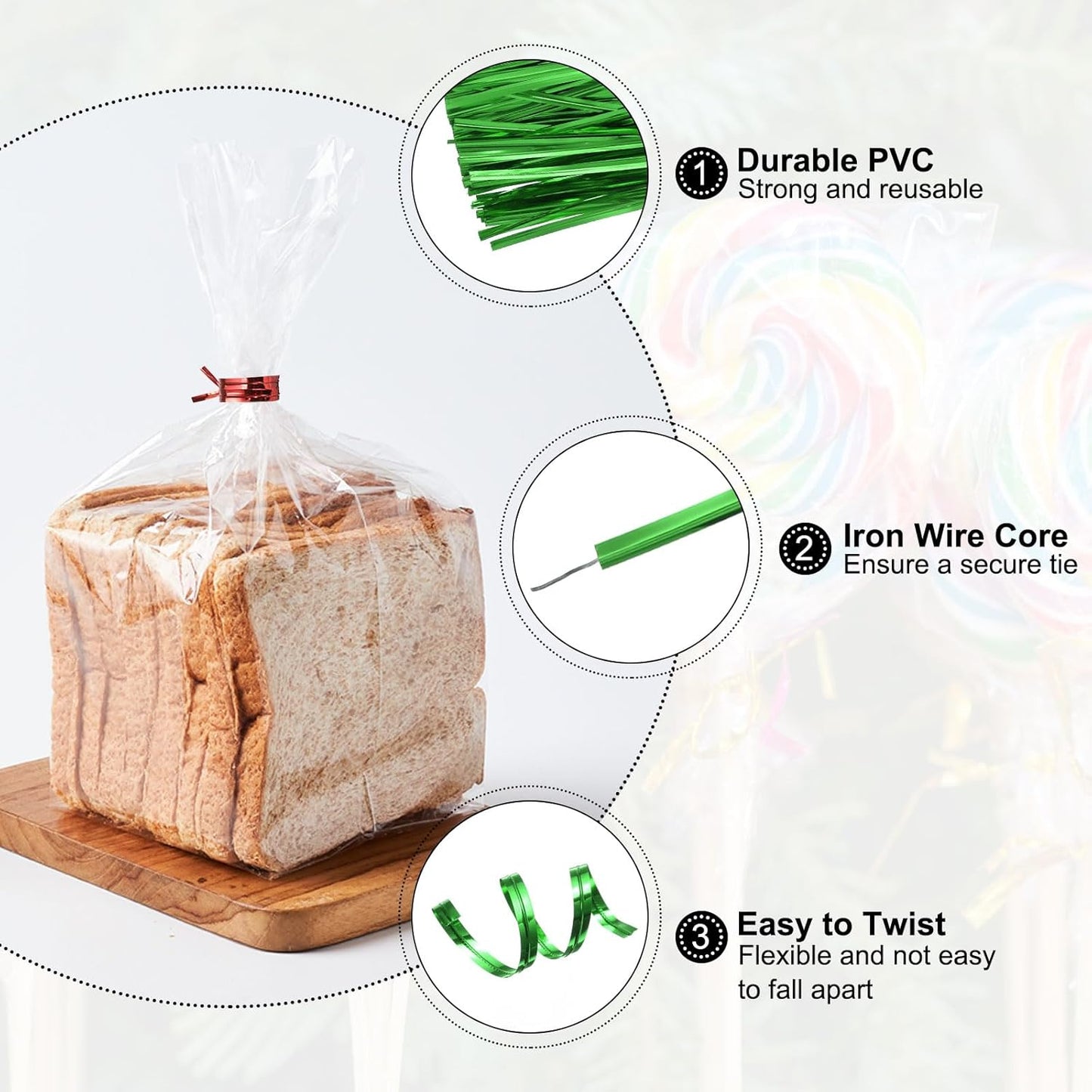 HARFINGTON 800pcs Bag Twist Ties 6" Reusable Plastic Metallic Twist Ties Wire Cable Ties for Party Bread Candy Cake, Green