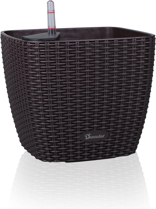 Dexceder 11x10 Self Watering Planter Indoor Outdoor, Inner Mat Design, Thickened Table Flower Plant Pot with Water Level Indicator (Brown Rattan)