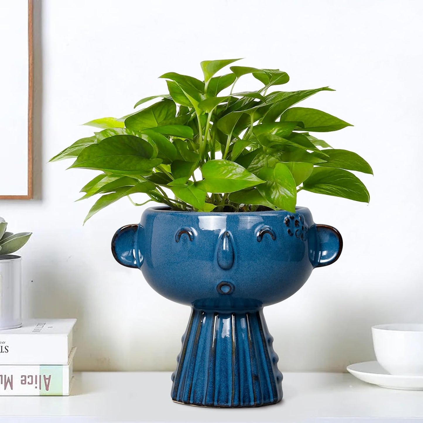 Head Planter Pot - 7 Inch Cute Face Planter for Indoor Outdoor Plants Ceramic Succulent Pot Round Flower Pot Present for Mother Christmas with Drainage Hole Blue