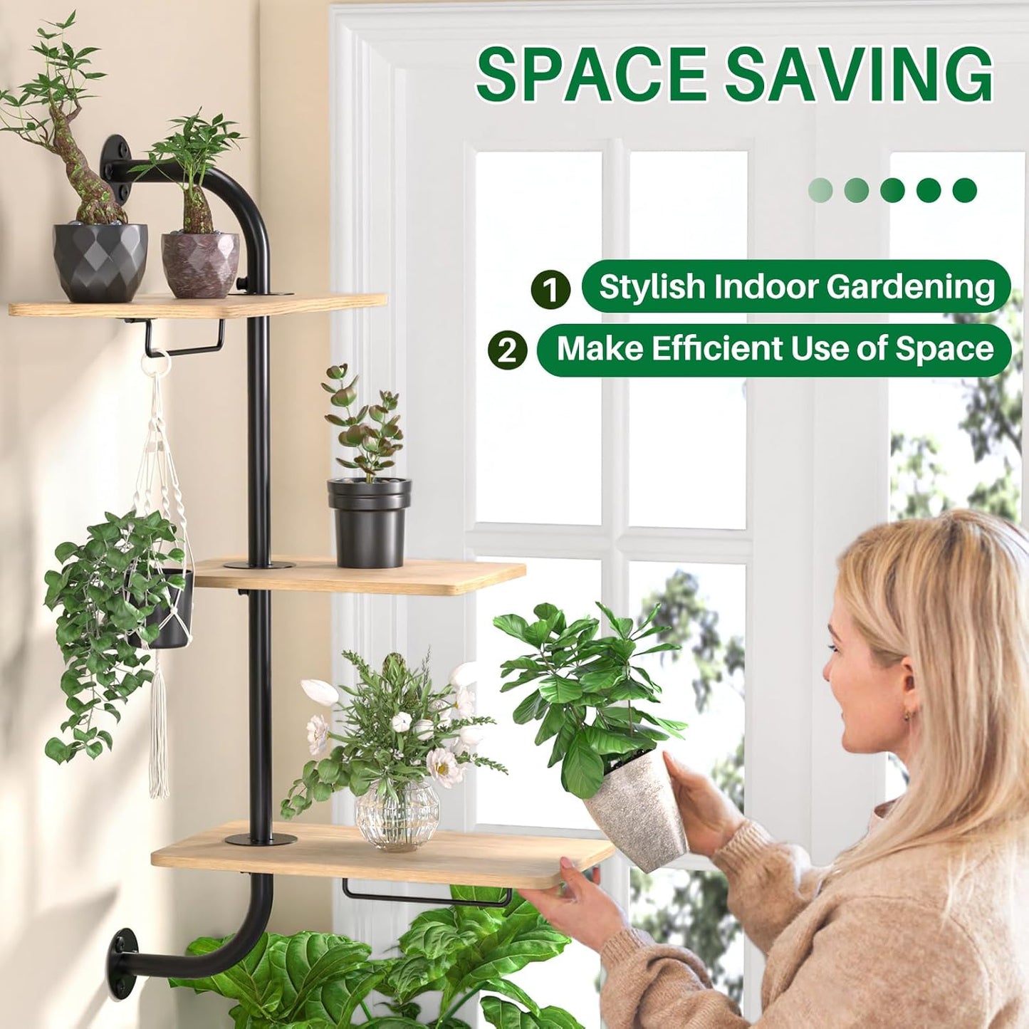 DELLAN Window Plant Shelves, Rotating Plant Shelf for Window, Wall Mounted Indoor Hanging Plants Shelf (3 Tier)