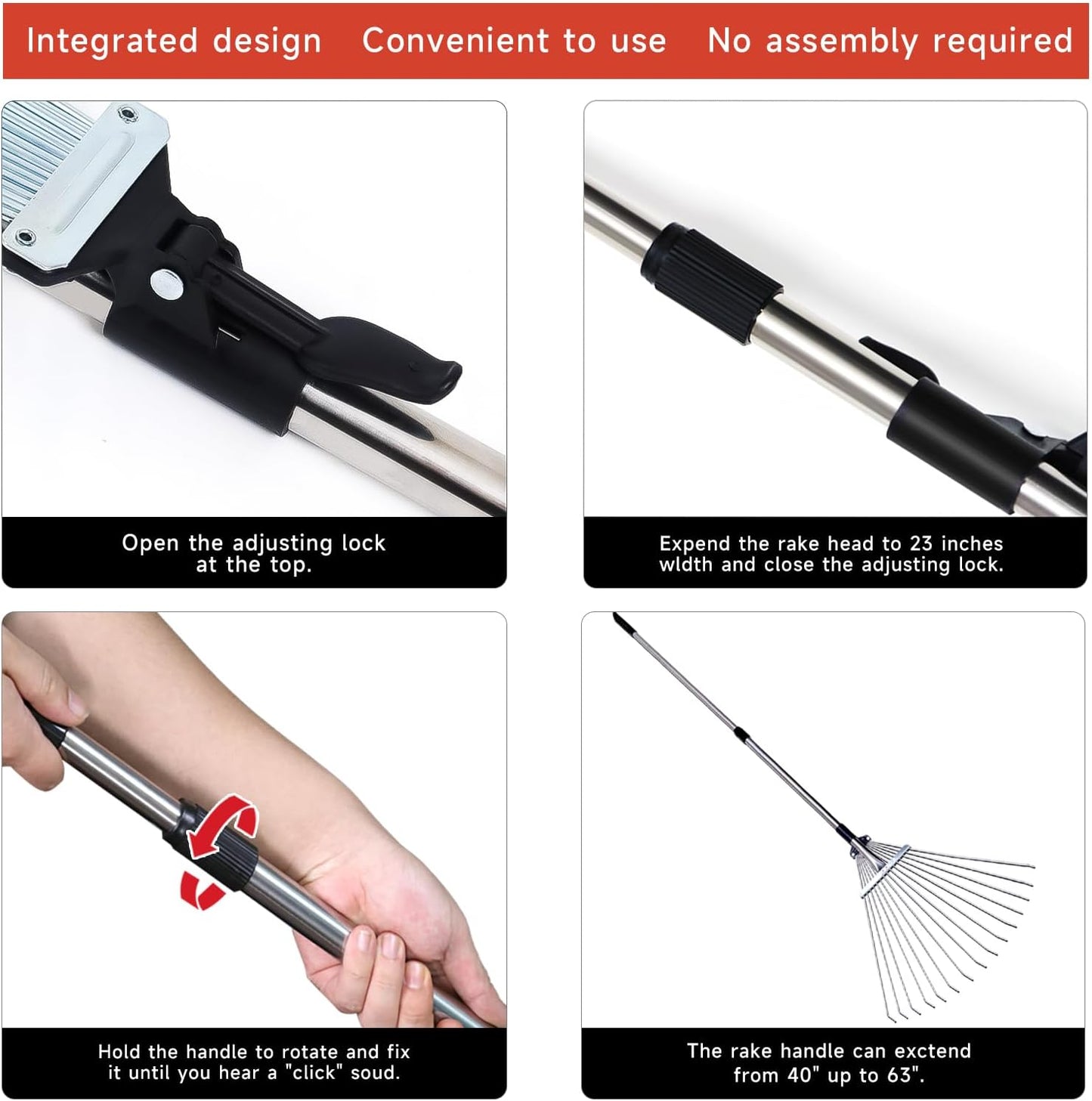 Adjustable Garden Metal Rake -32 to 63 Inch ,Hand Weed Collapsible Camping Landscape Dethatcher Rake for Leaves Shrub Yard Lawns,Leveling Yard Tool,Black