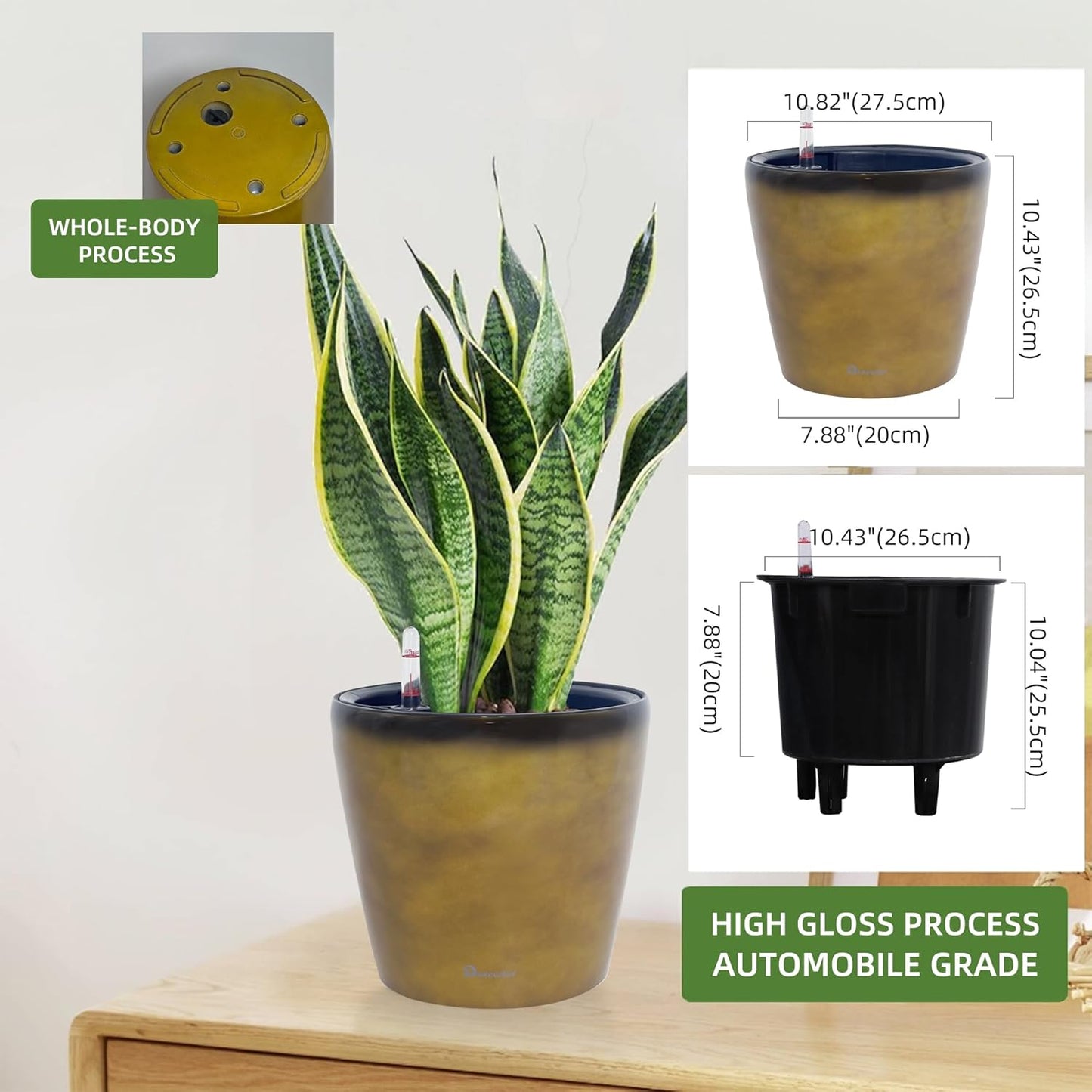 Dexceder 11x10 Inches Self Watering Planter Indoor Outdoor, Inner Pot Design, Thickened Table Flower Plant Pot with Water Level Indicator (Yellow Brown Gradient)