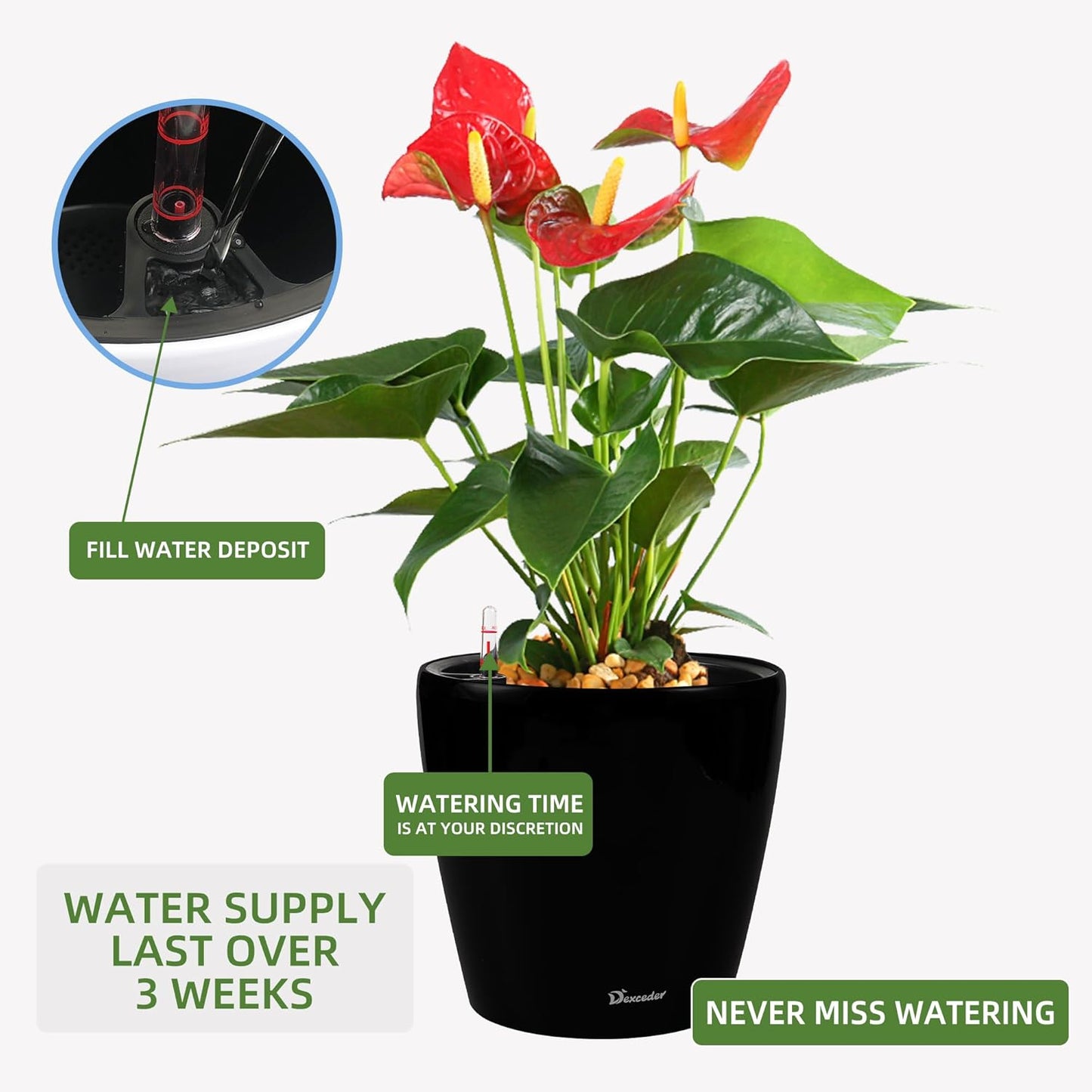 Dexceder 15x14 Self Watering Planter with Wheels Indoor Outdoor, Inner Pot Design, Thickened Large Floor Standing Flower Plant Pot with Water Level Indicator (Black Matte)