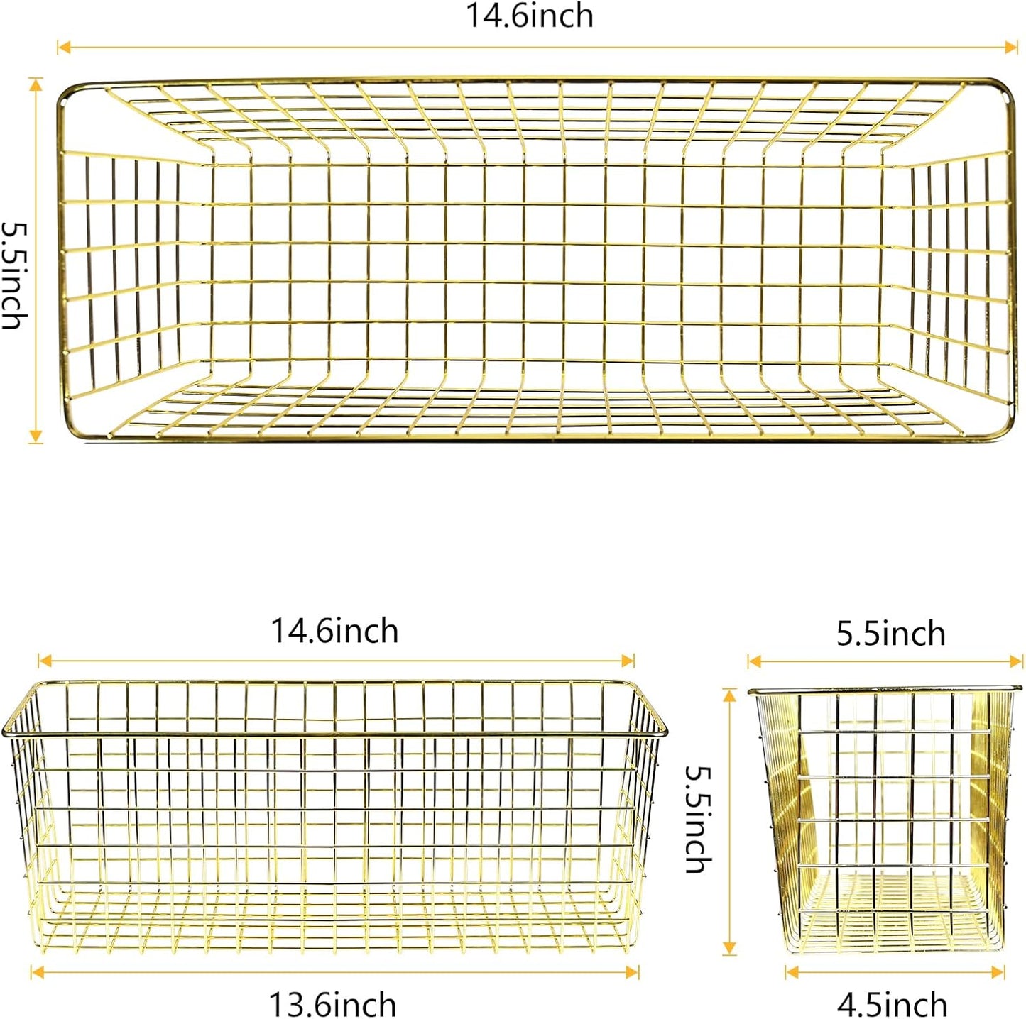 2 Sets Extra Large Hanging Wall Basket, Gold Metal Wire Baskets with Steel Hooks for Organizing, WallmountedFruit Vegetable Toy Snack Storage, Home Kitchen Bathroom Laundry Pantry Organizer