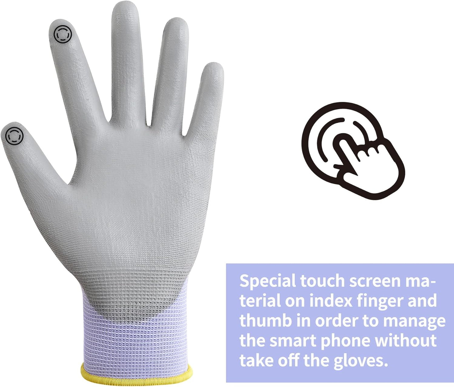 DULFINE Work Gloves for Men PU Coated 12 Pairs Bulk Pack,Purple Seamless Knit Glove with thin Polyurethane,Two Finger Touchscreen, for Men and Women, Ideal for Light Duty Work. (Extra Large)