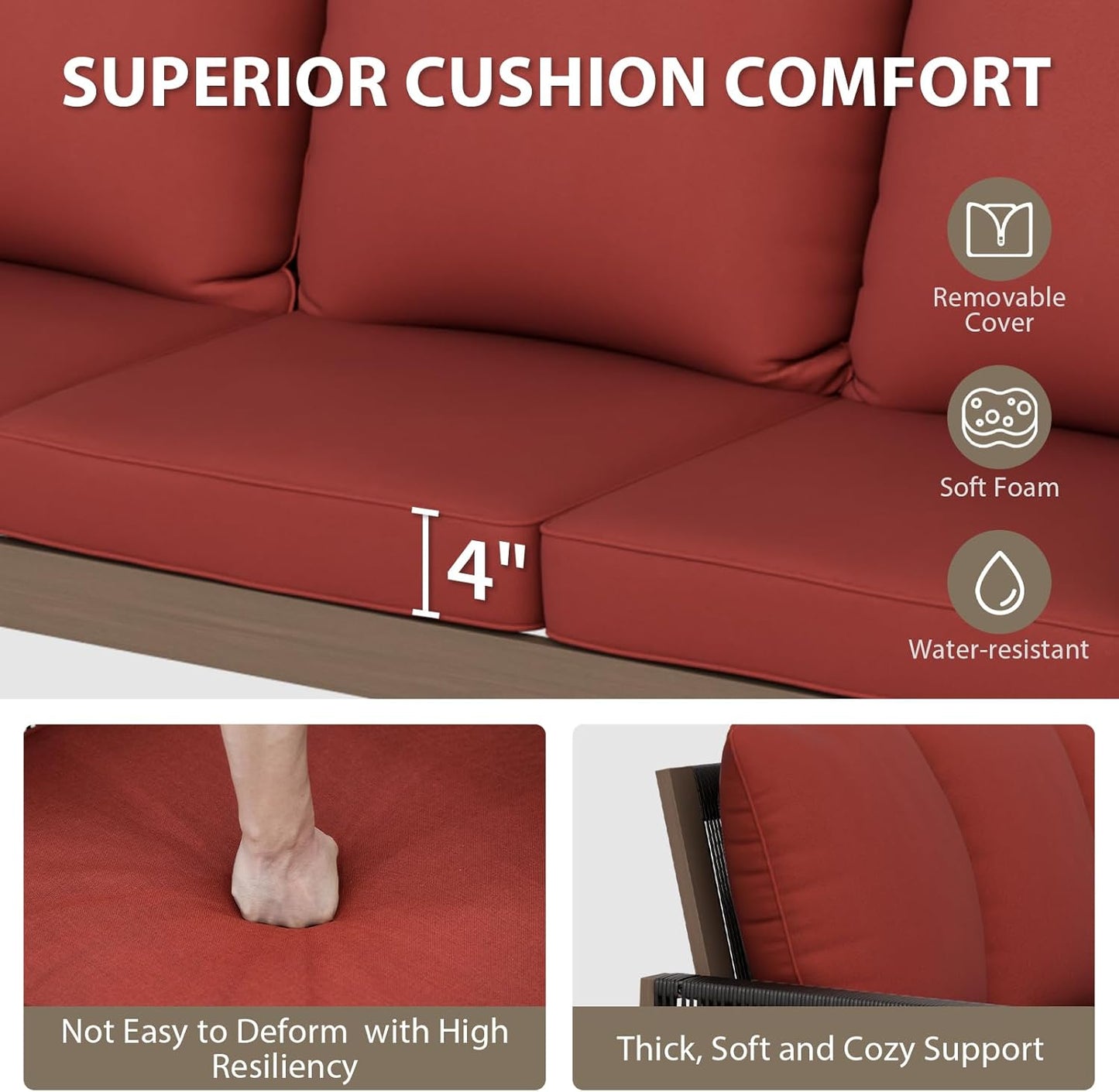 EAGLE PEAK Natural Wood Outdoor Patio Furniture, Cedar Furniture, Conversation Set, Outdoor Seating for Deck Patio Porch, Sofa, 2 Ottomans & Coffee Table, 4 Pieces, Brown/Red