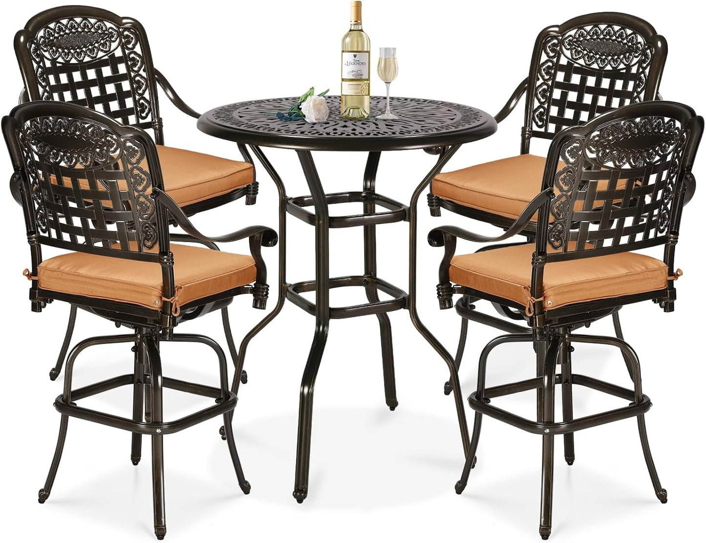 5 Pieces Patio Swivel Bar Set, Patio Bar Table and Chairs Set, All-Weather Cast Aluminum Outdoor Swivel Bar Stools of 4 and 35.4" Bar Table, High Top Bistro Set for Deck, Pool, Garden