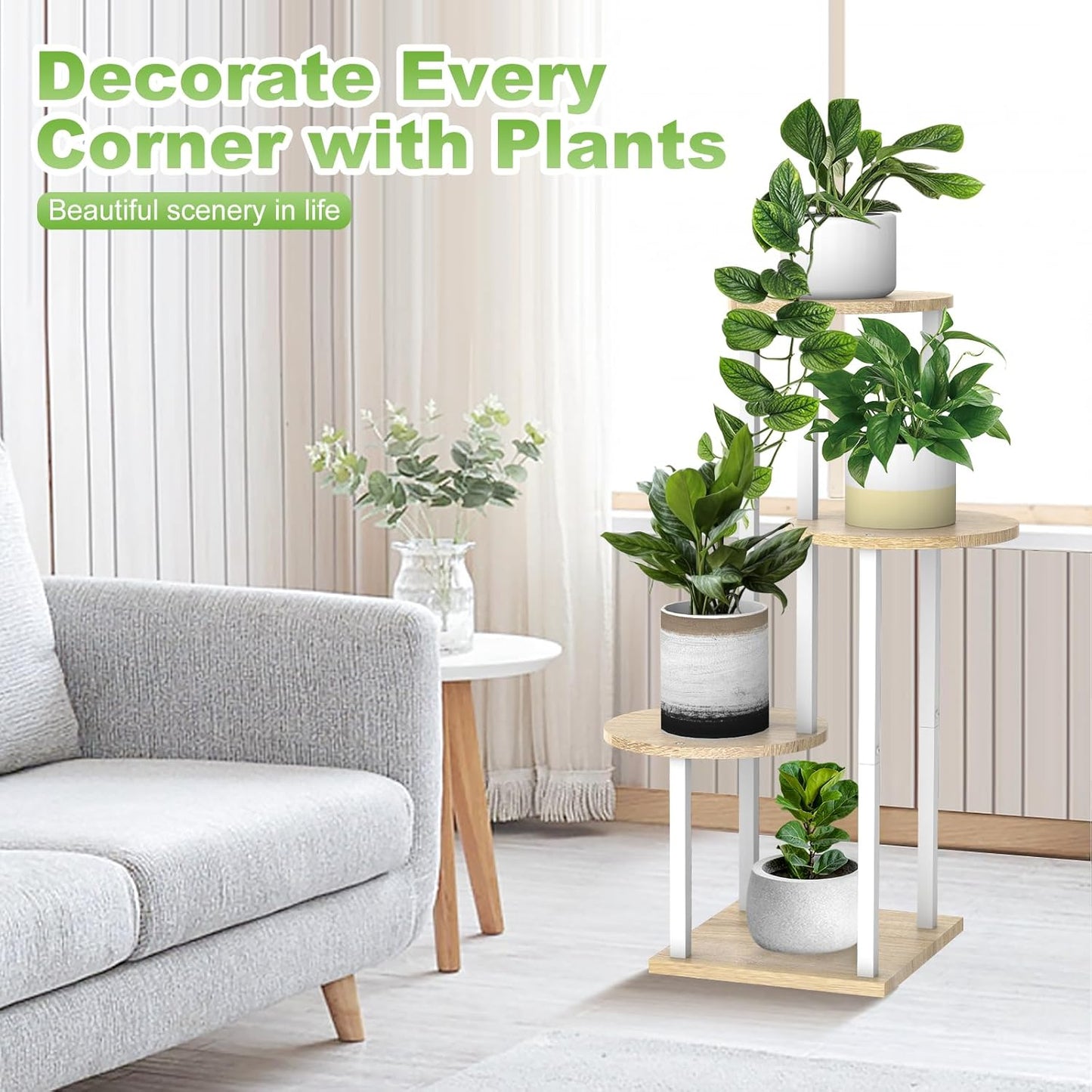 4 Tier Wood Tall Plant Stand Metal Rack Indoor, Multiple Flower Pot Holder Shelves Corner Rack, Round Planter Shelf Display Rack Storage Organizer for Patio Living Room Balcony(White Oak)