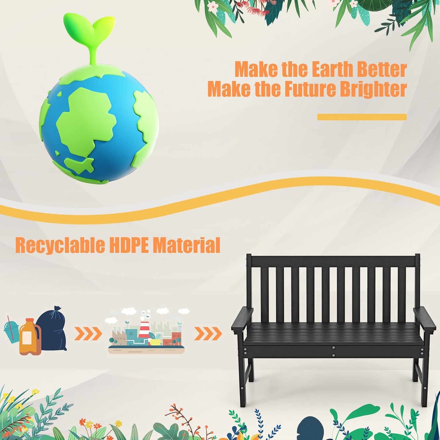 Giantex Outdoor Bench, 52-Inch Outside Bench All-Weather HDPE Park Bench with Backrest and Armrests, 705 lbs Weight Capacity, 2-Person Slatted Patio Bench for Porch, Yard, Lawn, Garden Bench (Black)