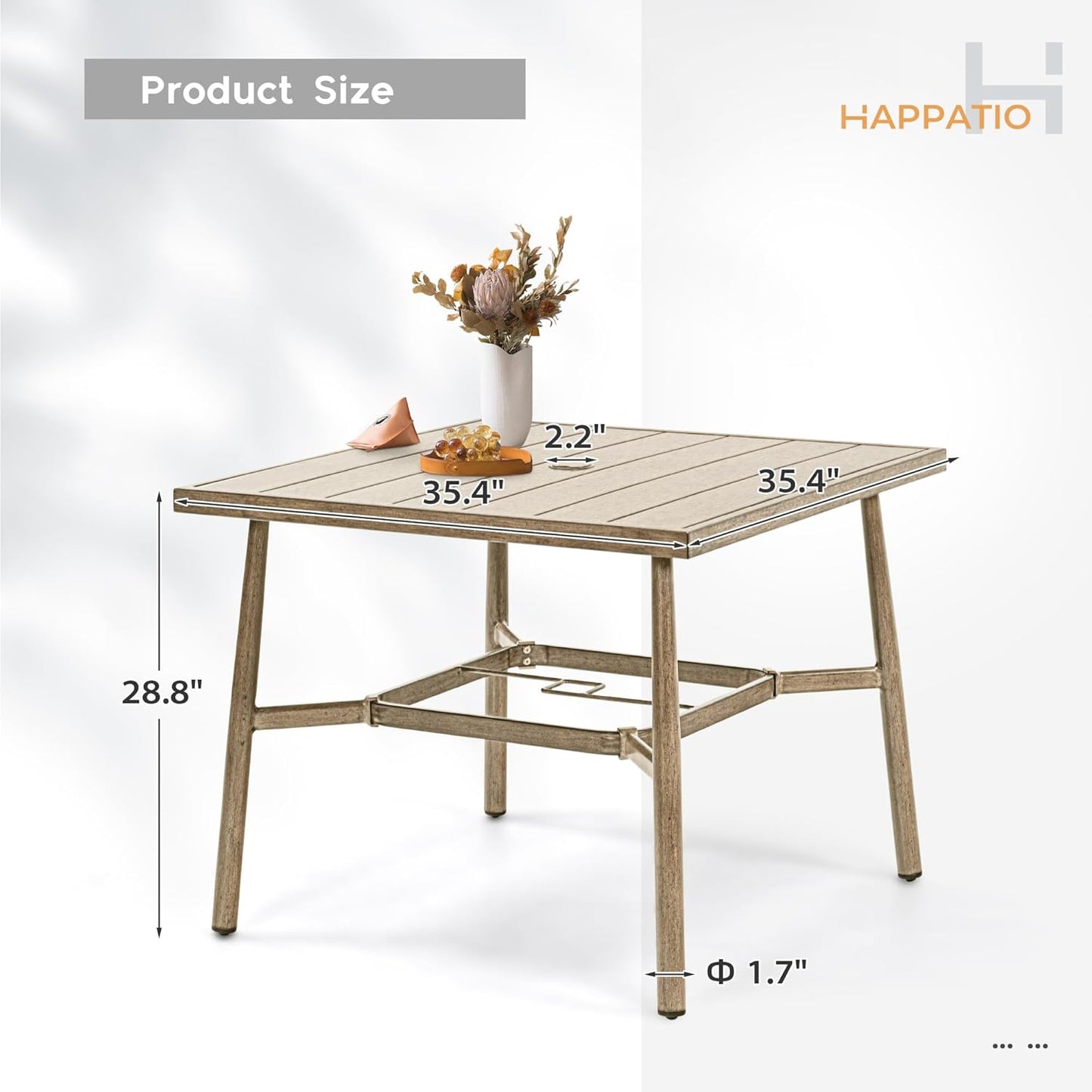 HAPPATIO Patio Table for 4, Modern Square Outdoor Dining Table with Umbrella Hole and Adjustable Feet, All Weather Aluminum Patio Table for Garden, Backyard and Poolside, Brown