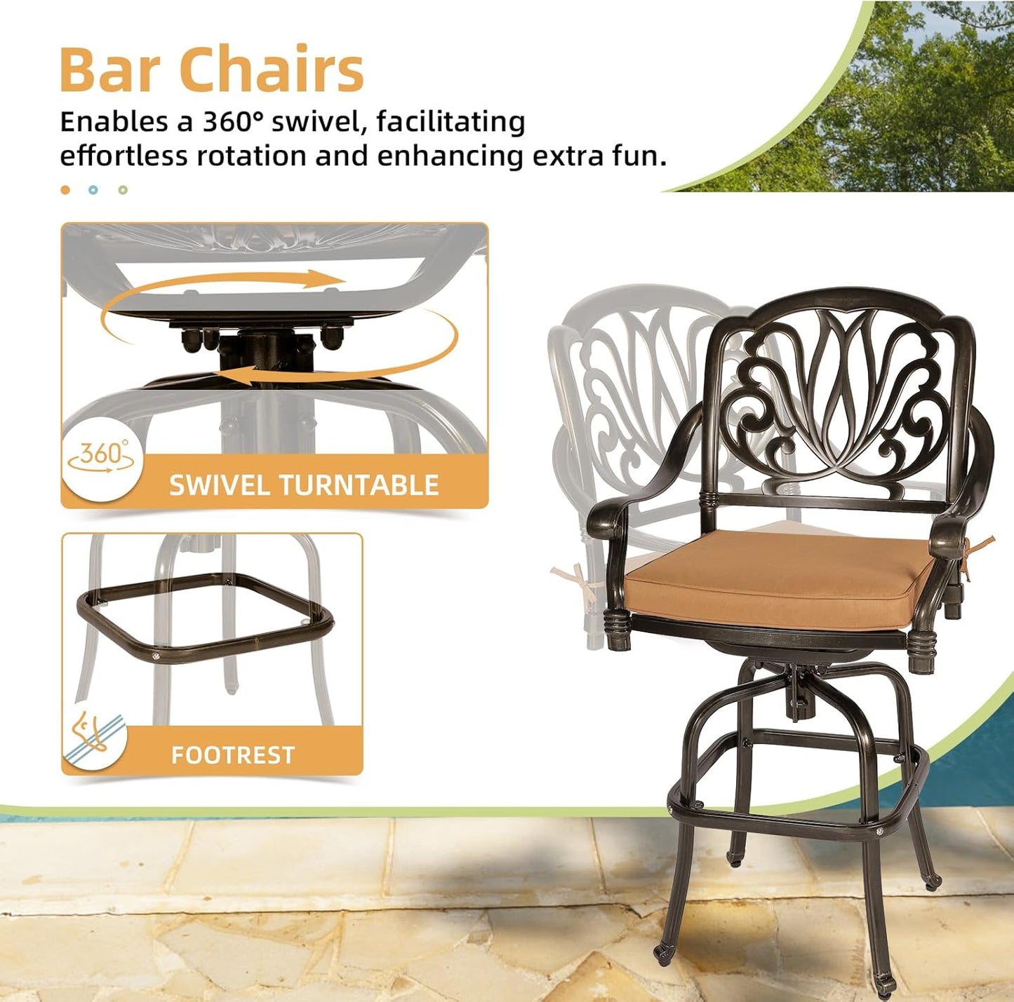 3 Pieces Patio Swivel Bar Set, Patio High Top Bar Table and Chairs Set, All-Weather Cast Aluminum High Swivel Bar Stools Chair Set of 2 and 31" Table, Patio Bistro Set for Garden, Balcony