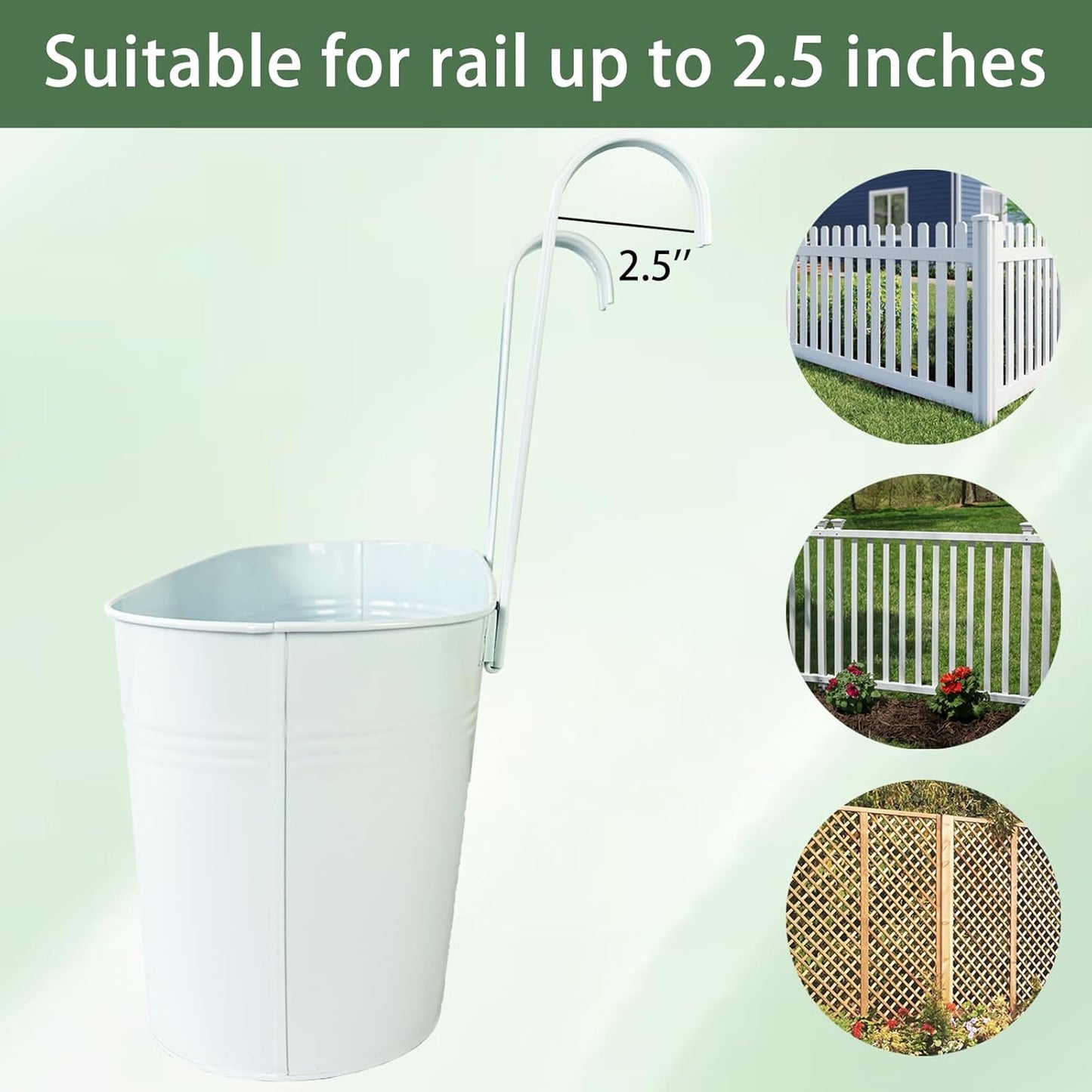 Hanging Planters for Outdoor Plants, 17" Railing Planter Pots, Metal Fence Flower Pot for Porch Balcony with Detachable Hook (White, Pack of 8)