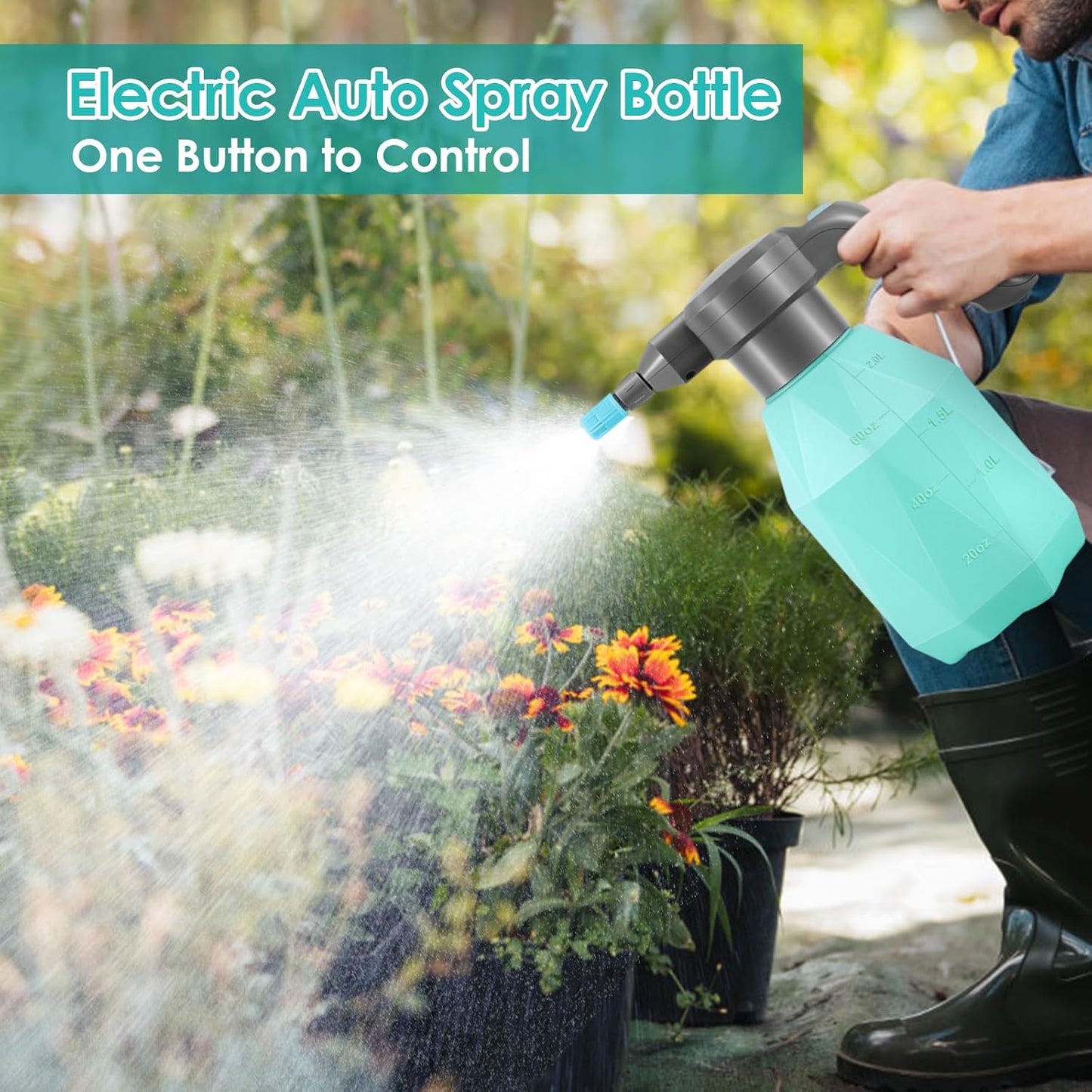 0.5 Gallon Electric Spray Bottle Plant Mister for Indoor/Outdoor Plants, 2L Automatic Watering Can Rechargeable Battery Powered Sprayer with Adjustable Spout for Garden, Fertilizing, Cleaning