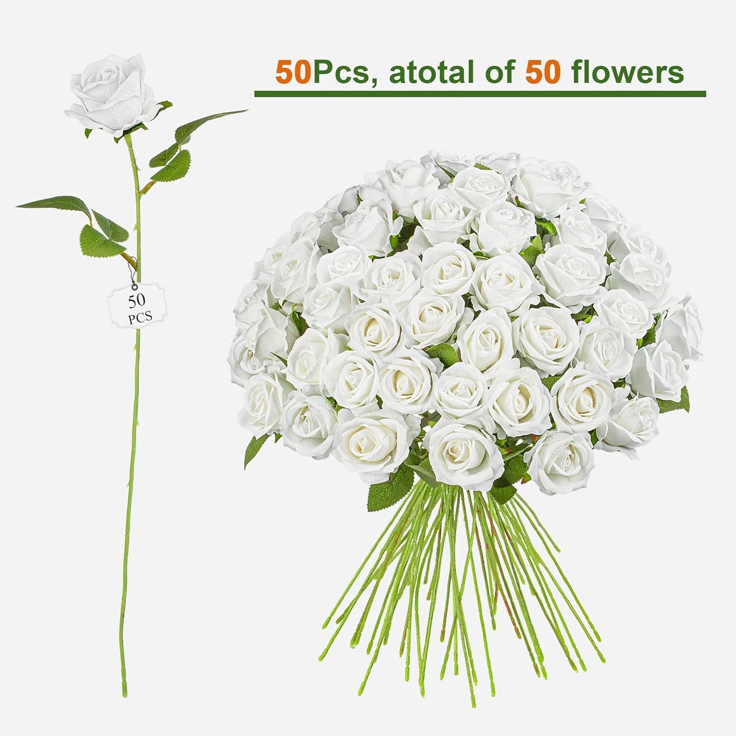 Fake Plants Roses Flowers Plastic Flowers Spring Decorations for Home Gifts for Gf Roses Artificial Flowers for Vase Fake Flowers Home Decor 19.6”(50PCS White)