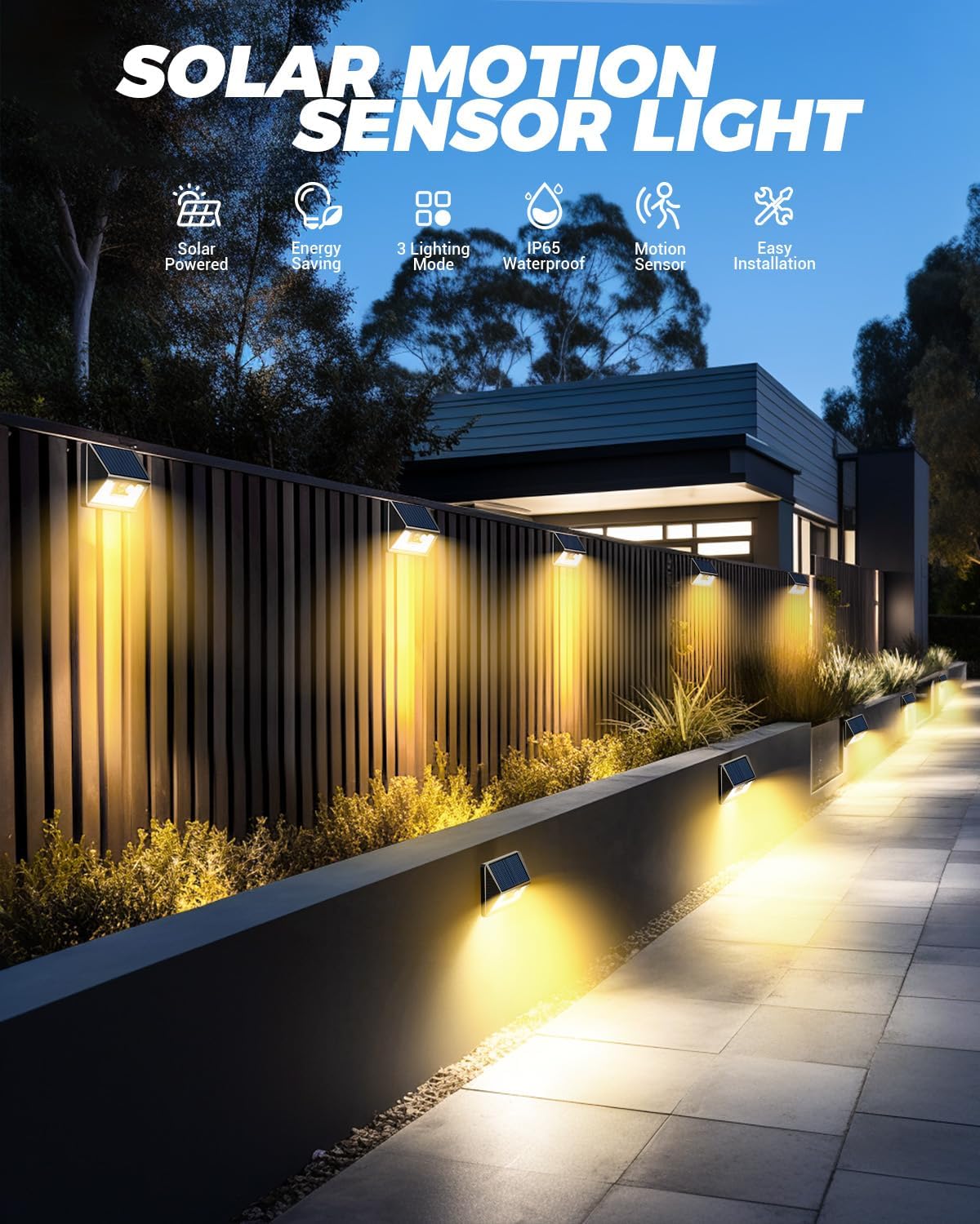 12 Pack Solar Fence Lights, Motion Sensor Deck & Wall Lights - Warm White LED, Wireless, Waterproof, Outdoor for Yard, Steps & Garden - Black