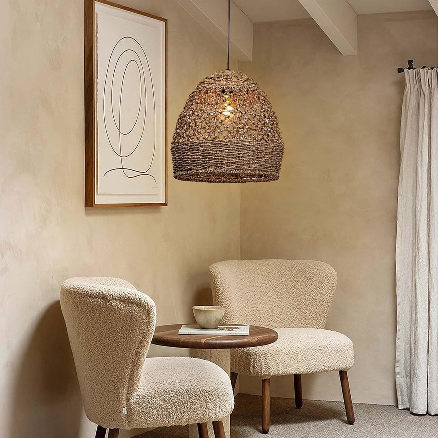 Arturesthome Woven Pendant Light, Modern Boho Hanging Lamp with Handwoven Rattan Shade, Farmhouse Coastal Pendant Light Fixtures for Kitchen Island, Dining Room, Bar, Foyer Hallway D 13.7in