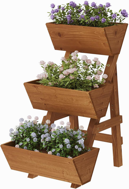 3-Tiers Wooden Raised Garden Bed Tiered Planter Box Vertical Garden Planter Wood Plant Stand for Patio, Balcony, Freestanding. (Brown S)