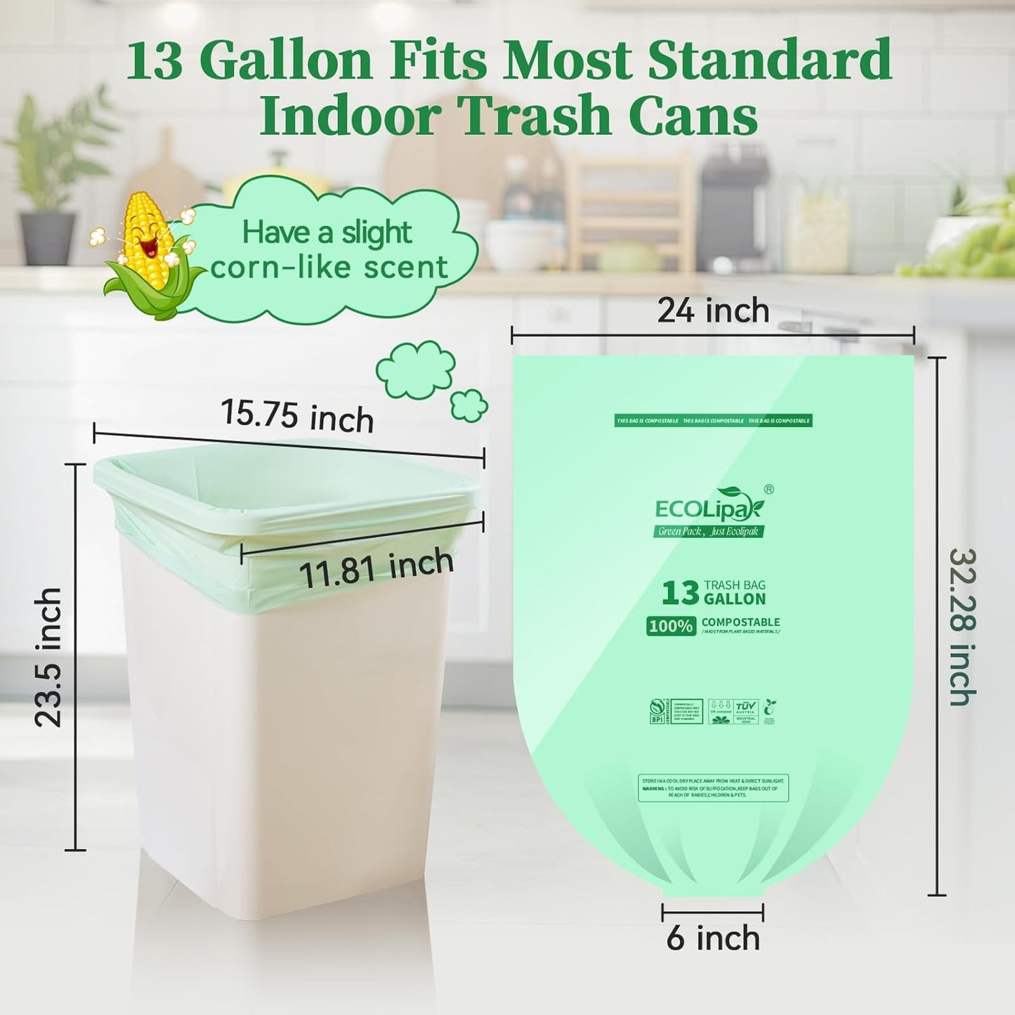 ECOLipak 13 Gallon Compostable Trash Garbage Bags, 50 Count (1 Roll) Biodegradable Heavy Duty Bathroom Kitchen Trash Bags for Home/Office, US BPI ASTM D6400 and OK Compost Home Certified