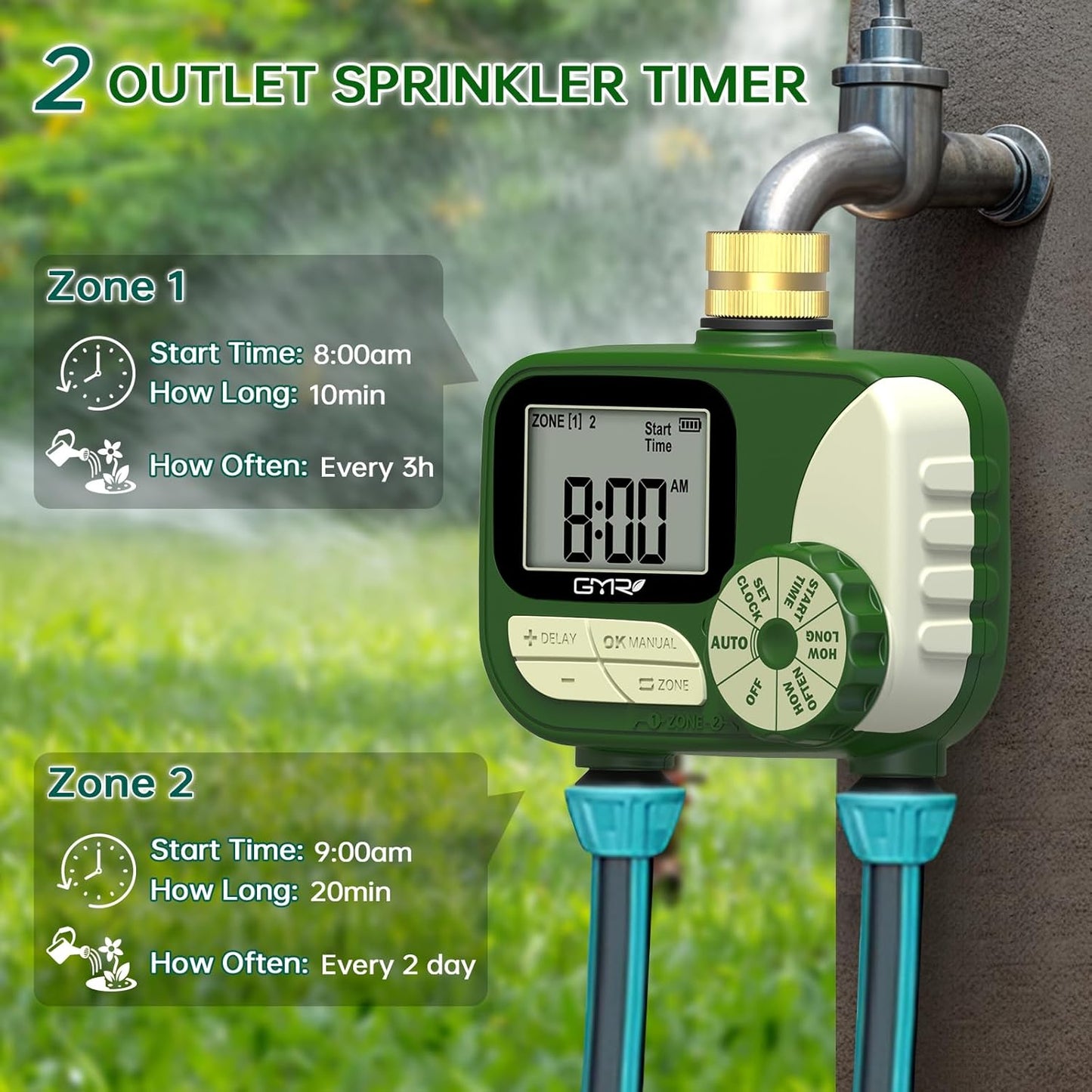GMR Hose Timers for Watering, Sprinkler Timer Outdoor with Brass Inlet, Water Timer for Garden Hose with Rain Delay/Manual/Auto Irrigation System, Programmable Garden Hose Timer for Yard, 2 Outlet