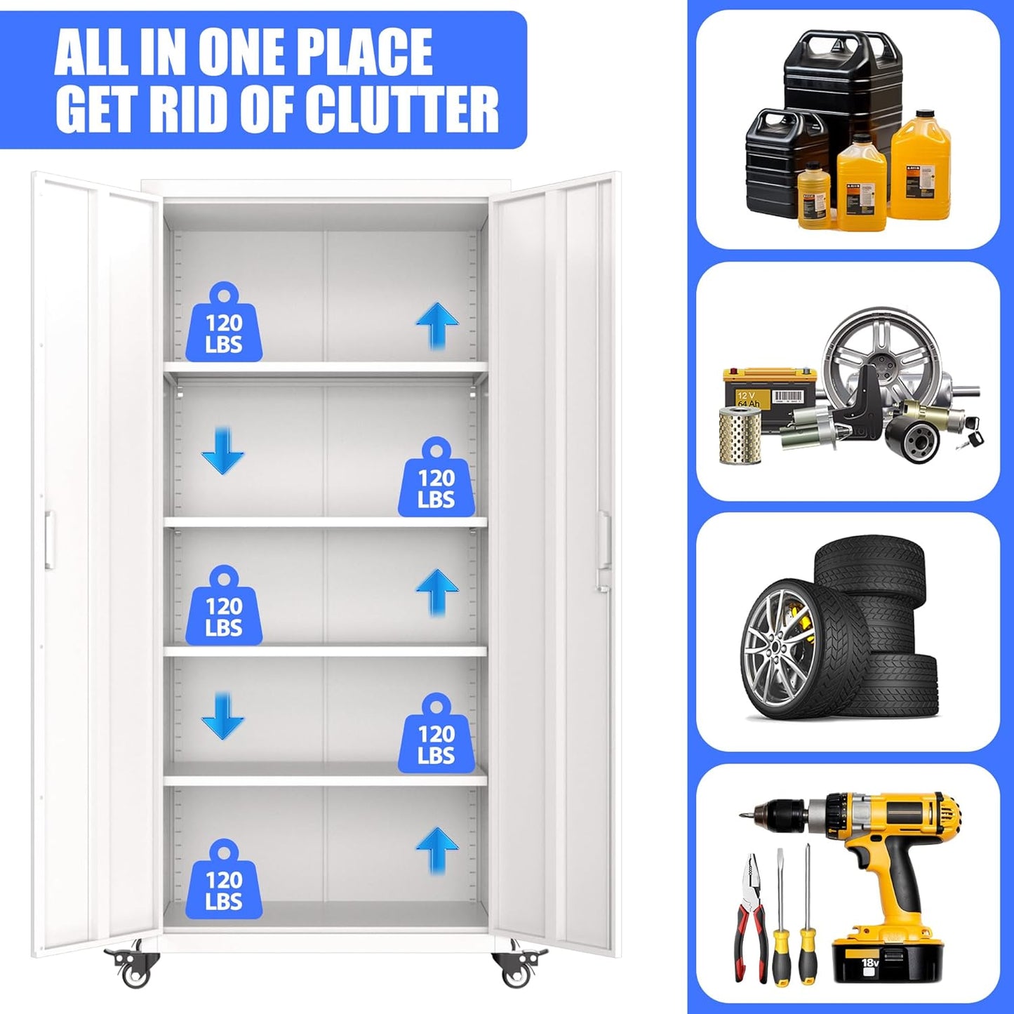 73" H Metal Garage Storage Cabinet with Wheels,Rolling Tool Storage Cabinet with 2 Doors and 4 Adjustable Shelves for Garage,Home,Office,Warehouse,Workshop, Required-Assembly,White