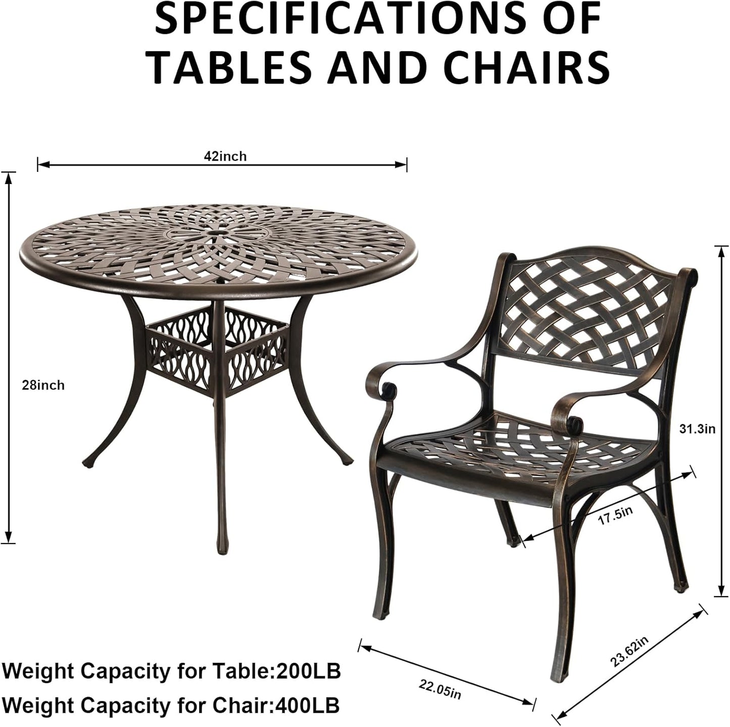 5 Piece Cast Aluminum Outdoor Dining Set, Outdoor Table and Chairs Set of 4, Patio Dining Set with 4 Chairs and 42" Round Table, Patio Conversation Set with 1.97" Umbrella Hole