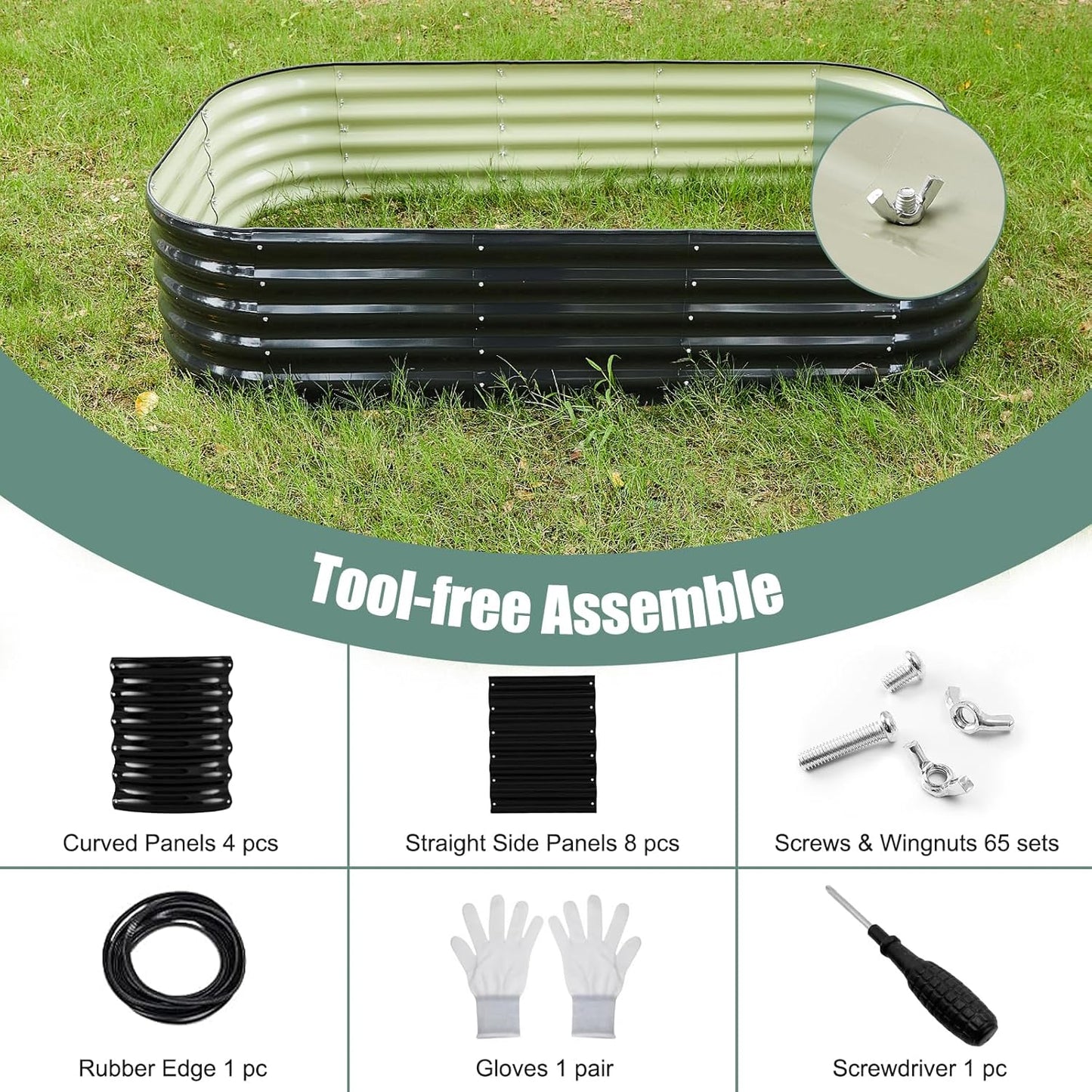 Galvanized Steel Raised Garden Bed 8x2ft Oval - 17" Tall 9-in-1 Modular Planter Box for Vegetables/Flowers, Rust-Proof Metal Outdoor Planters Rubber Edging (Black)