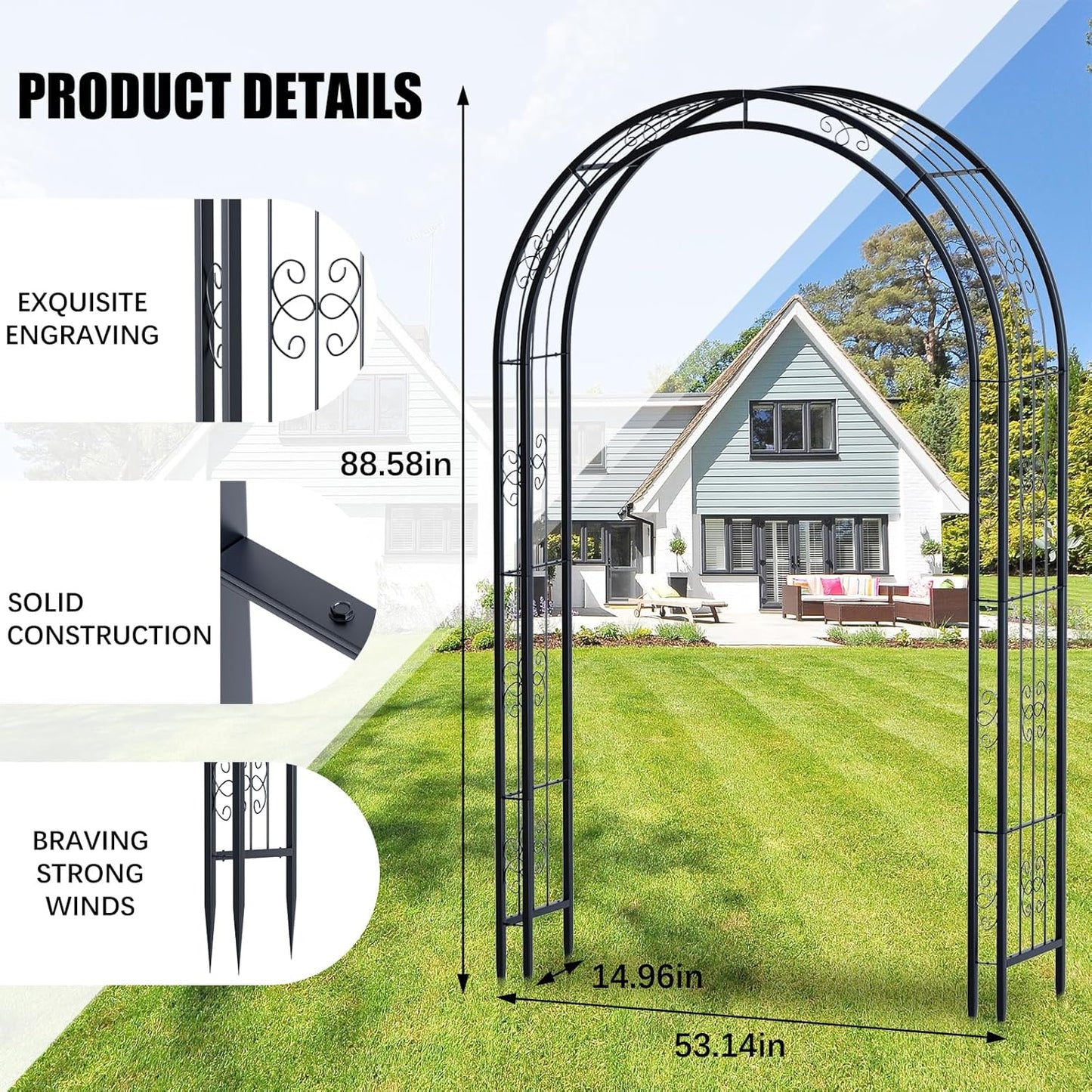 88in Steel Garden Arch Arbor Trellis for Climbing Plants Outdoor,Yard,Garden,Climbing Plants 7ft Decorative Wire Lattice,Outdoor Wedding Arch(Black)