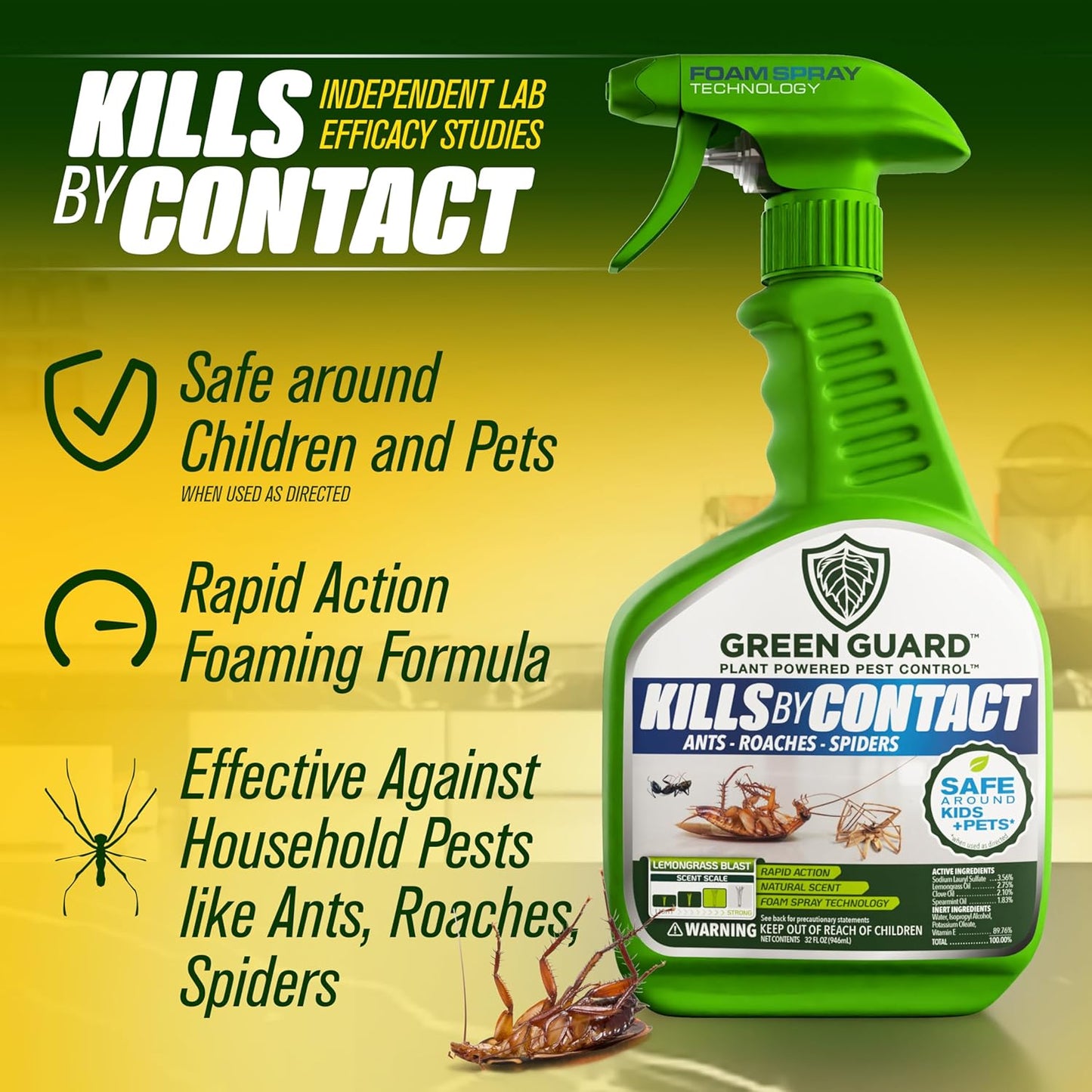 Green Guard Pest Control Spray - Indoor & Outdoor Killer of Ants, Roaches, Spiders & Other Crawling Insects, Safe Around Children & Pets, Plant-Based, Pleasant Scent (Lemongrass Blast, 32 oz)