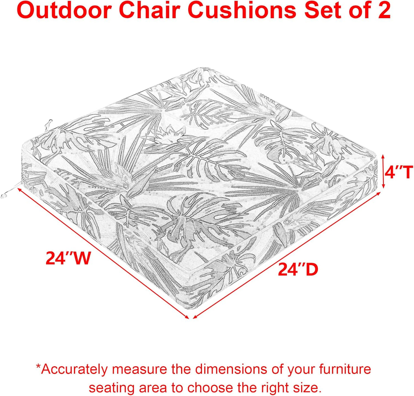 Favoyard Outdoor Chair Cushion 24 x 24 x 4 In Waterproof Pattern Fade Resistant Cushions for Patio Furniture with Removable Cover Attach Straps 28D Foam Insert Cushions Pads for Seat Sofa Couch 2 Pack