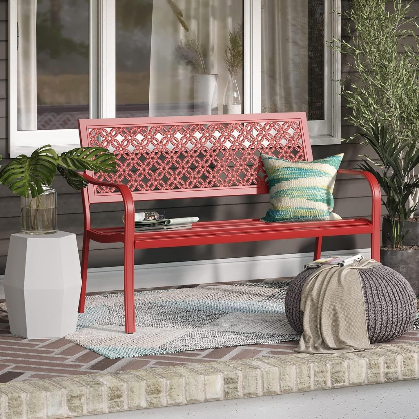 Grand patio Garden Bench, Outdoor Benches with Anti-Rust Metal Powder Coated Frame, Patio Bench for Front Porch Park Outside Furniture Decor, Cherry Red